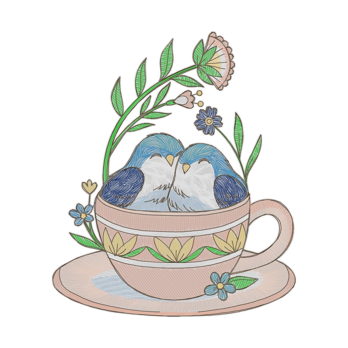 Blue Birds In Mug Free free machine embroidery design — 4.84×5.68 in — 20,897 stitches — 11 colors — DST, EXP, JEF, PEC, PES