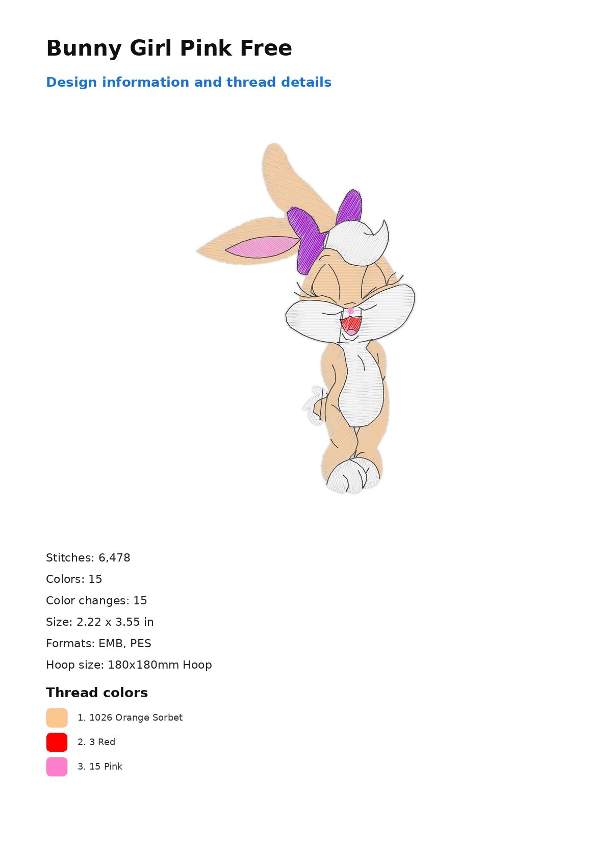 Bunny Girl Pink Free free machine embroidery design — 2.22×3.55 in — 6,478 stitches — 15 colors — DST, EMB, EXP, JEF, PEC