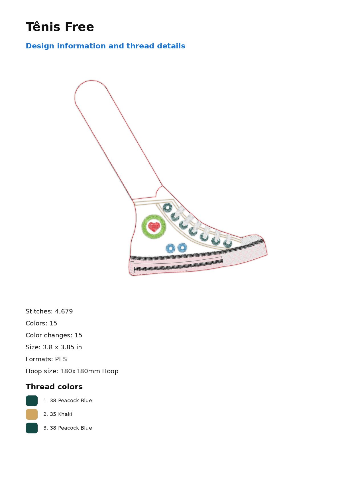 Tênis Free free machine embroidery design — 3.8×3.85 in — 4,679 stitches — 15 colors — DST, EXP, JEF, PEC, PES