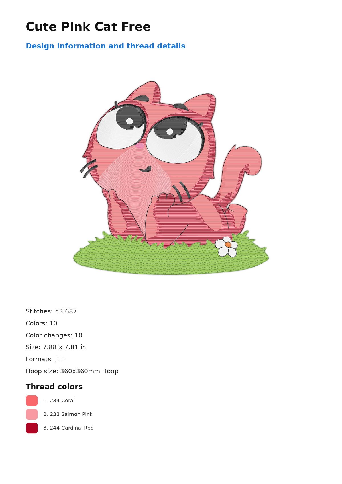 Cute Pink Cat Free free machine embroidery design — 7.88×7.81 in — 53,687 stitches — 10 colors — DST, EXP, JEF, PEC, PES