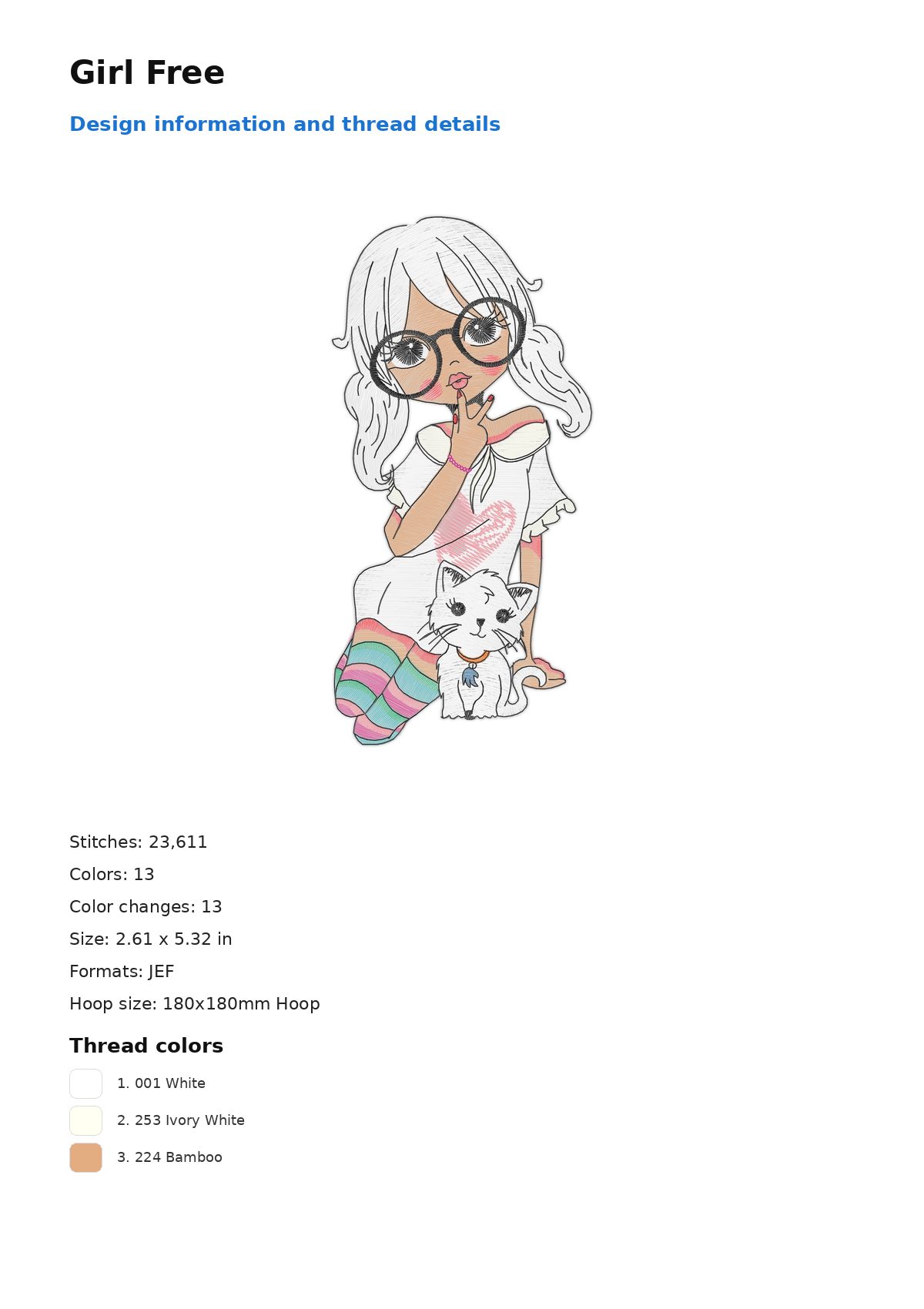 Girl Free free machine embroidery design — 2.61×5.32 in — 23,611 stitches — 13 colors — DST, EXP, JEF, PEC, PES
