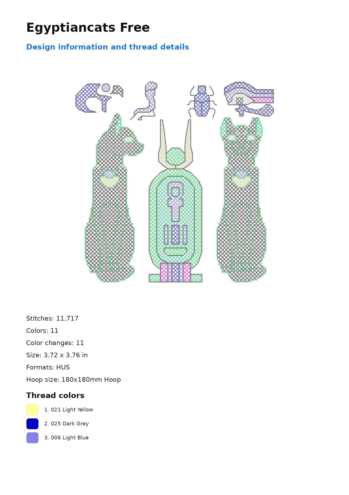 Egyptiancats Free free machine embroidery design — 3.72×3.76 in — 11,717 stitches — 11 colors — DST, EXP, HUS, JEF, PEC