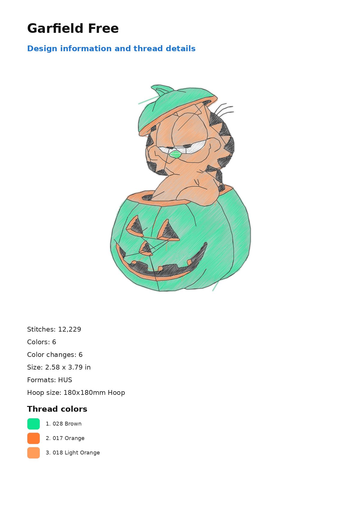 Garfield Free free machine embroidery design — 2.58×3.79 in — 12,229 stitches — 6 colors — DST, EXP, HUS, JEF, PEC