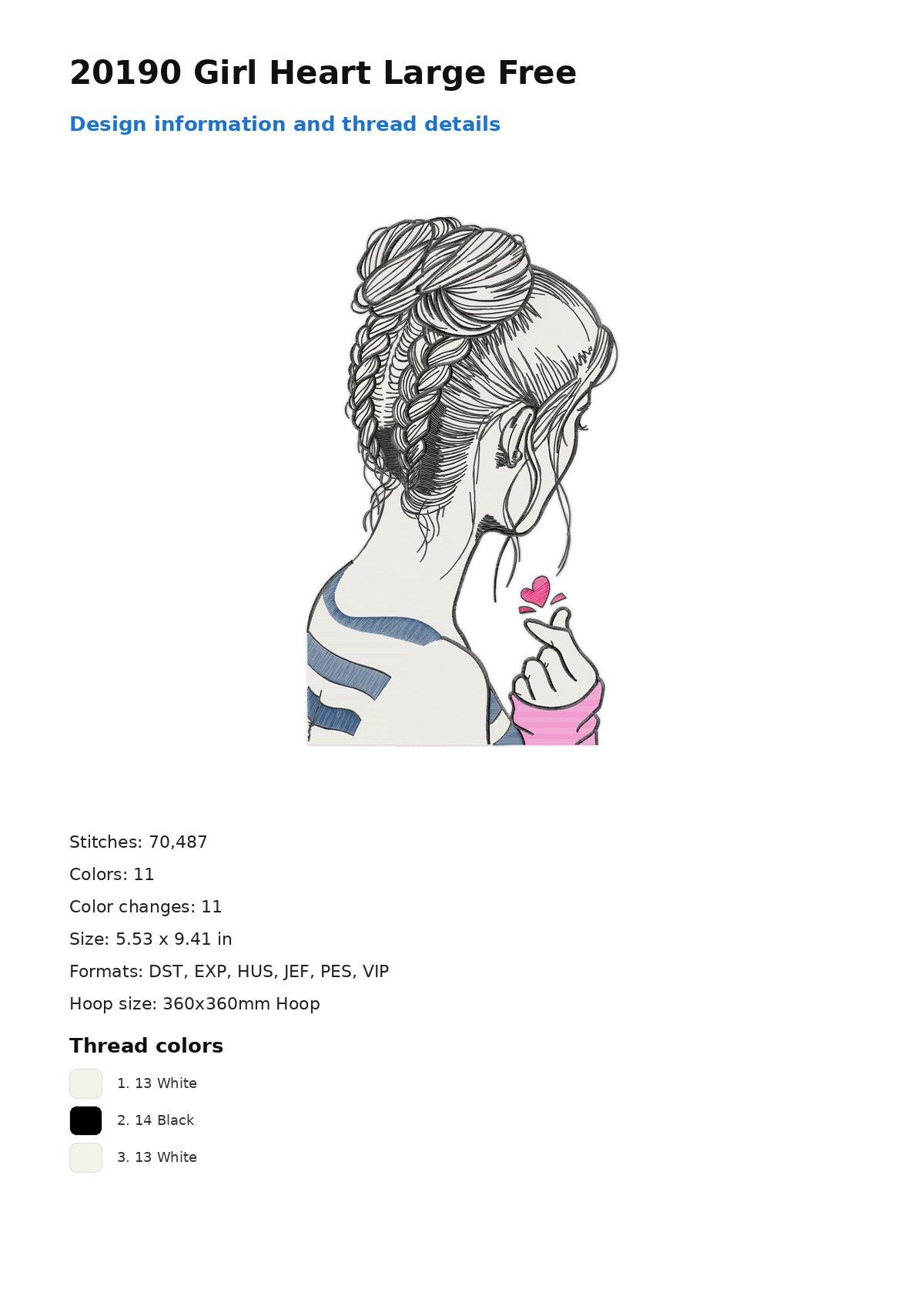 20190 Girl Heart Large Free free machine embroidery design — 5.53×9.41 in — 70,487 stitches — 11 colors — DST, EXP, HUS, JEF, PEC