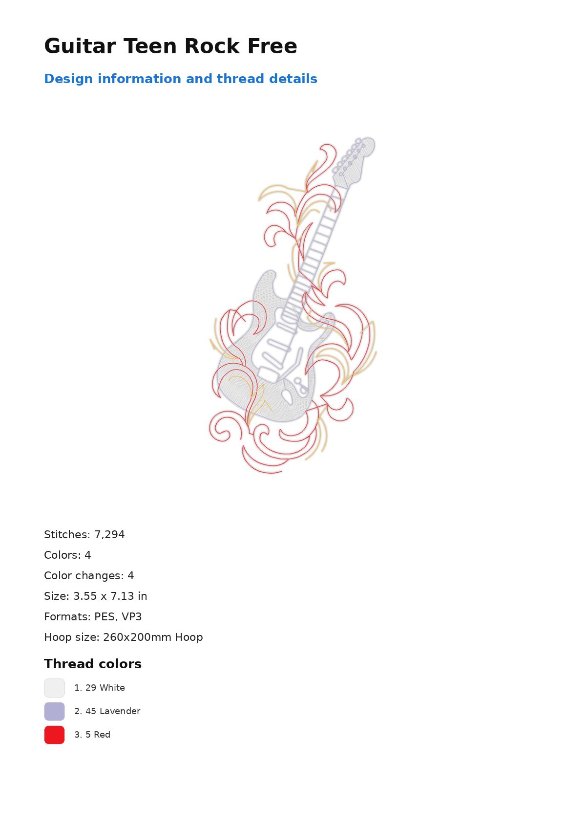 Guitar Teen Rock Free free machine embroidery design — 3.55×7.13 in — 7,294 stitches — 4 colors — DST, EXP, JEF, PEC, PES
