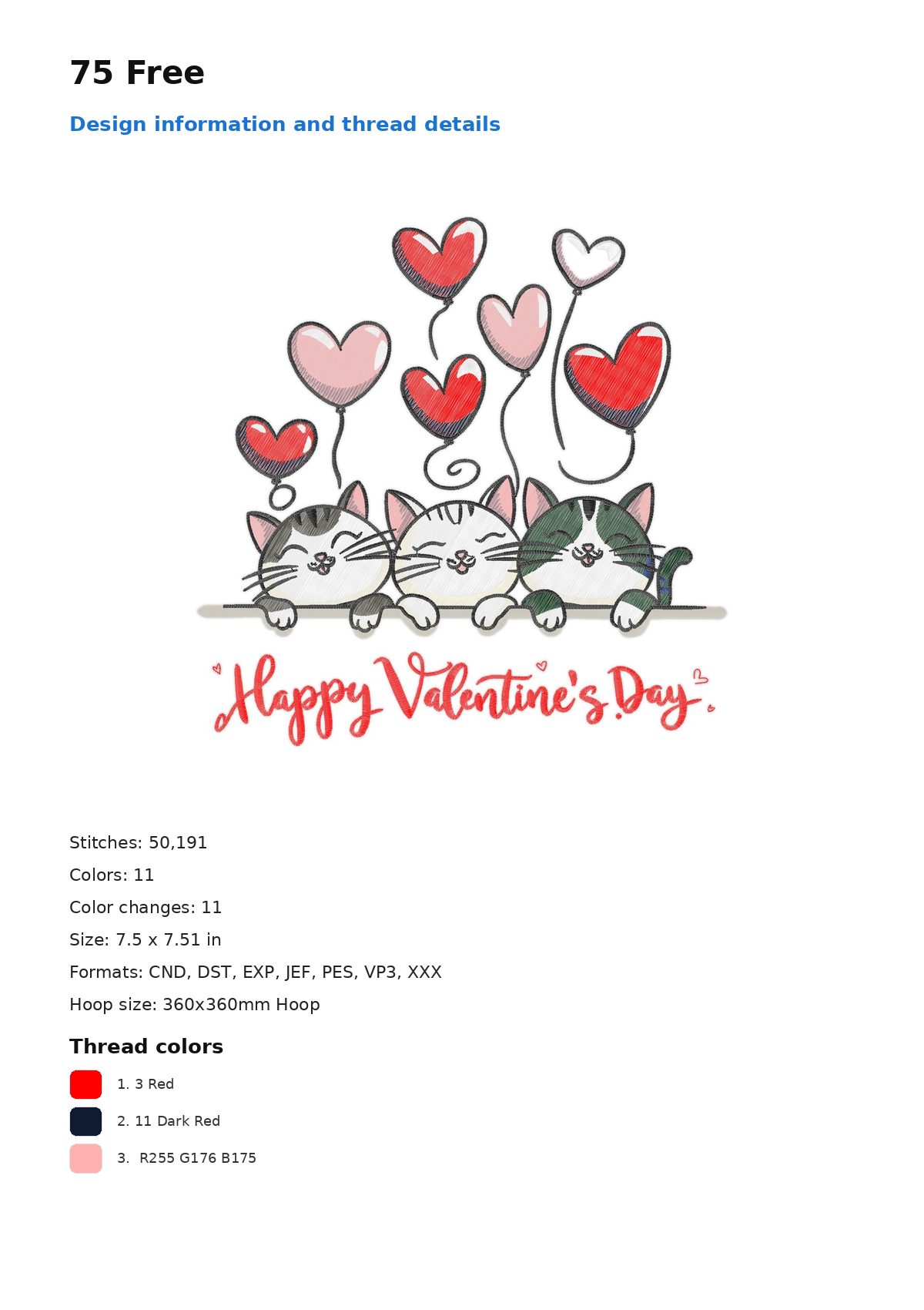 75 Free free machine embroidery design — 7.5×7.51 in — 50,191 stitches — 11 colors — CND, DST, EXP, JEF, PEC