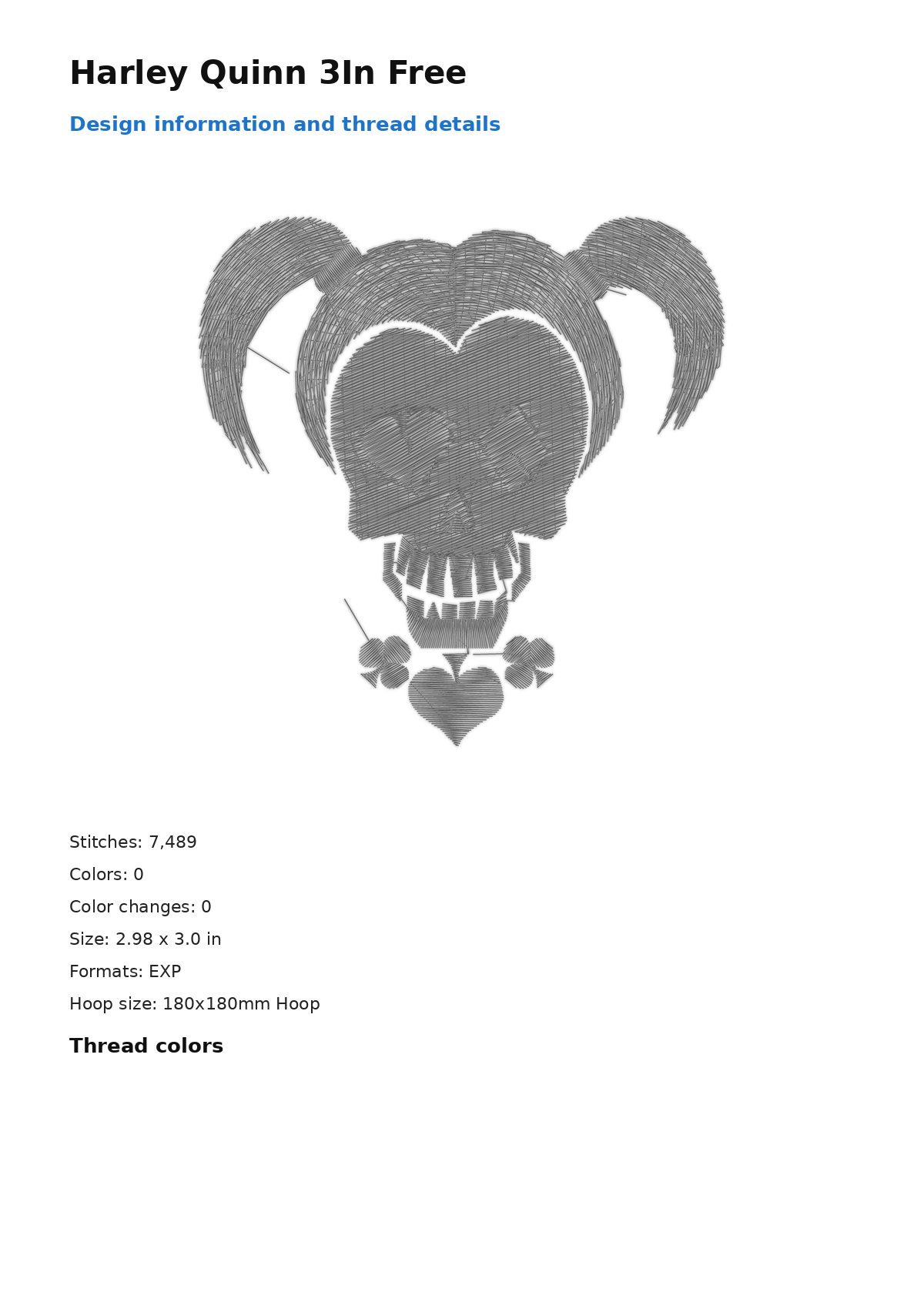 Harley Quinn 3In Free free machine embroidery design — 2.98×3.0 in — 7,489 stitches — 0 colors — DST, EXP, JEF, PEC, PES