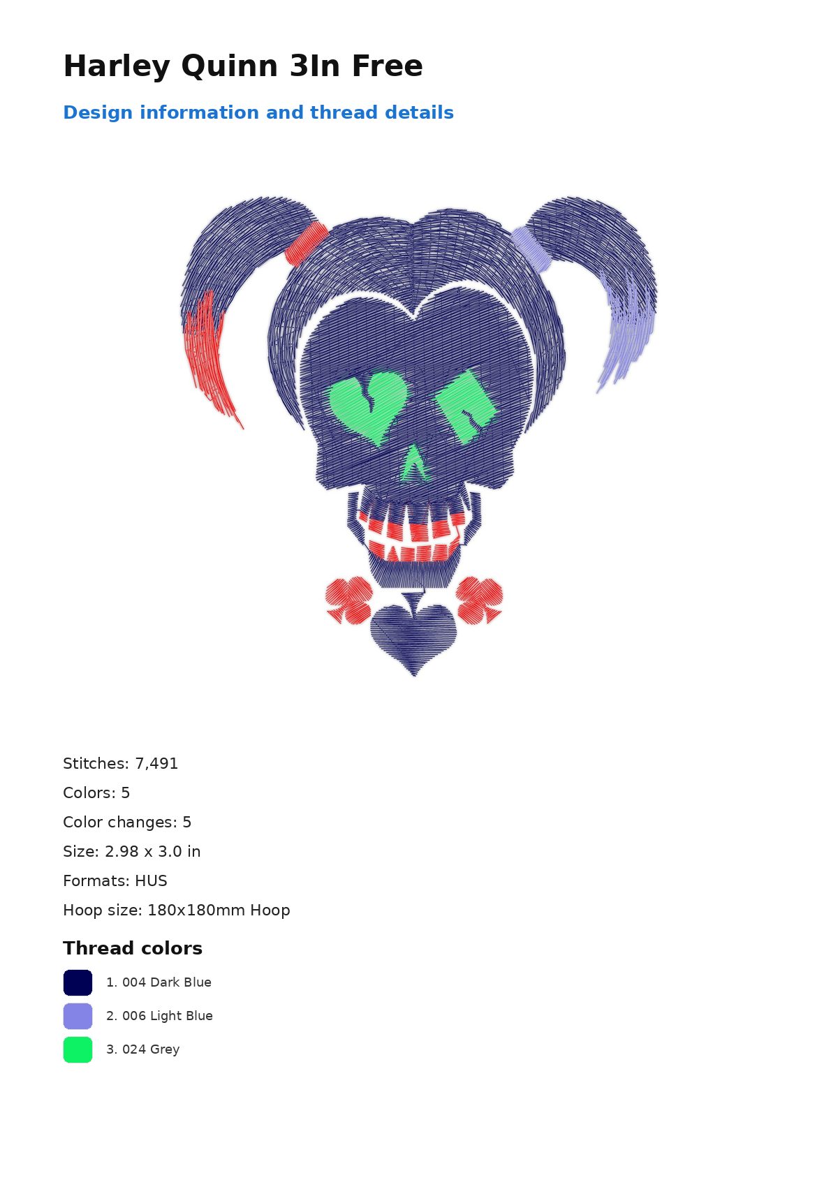 Harley Quinn 3In Free free machine embroidery design — 2.98×3.0 in — 7,491 stitches — 5 colors — DST, EXP, HUS, JEF, PEC
