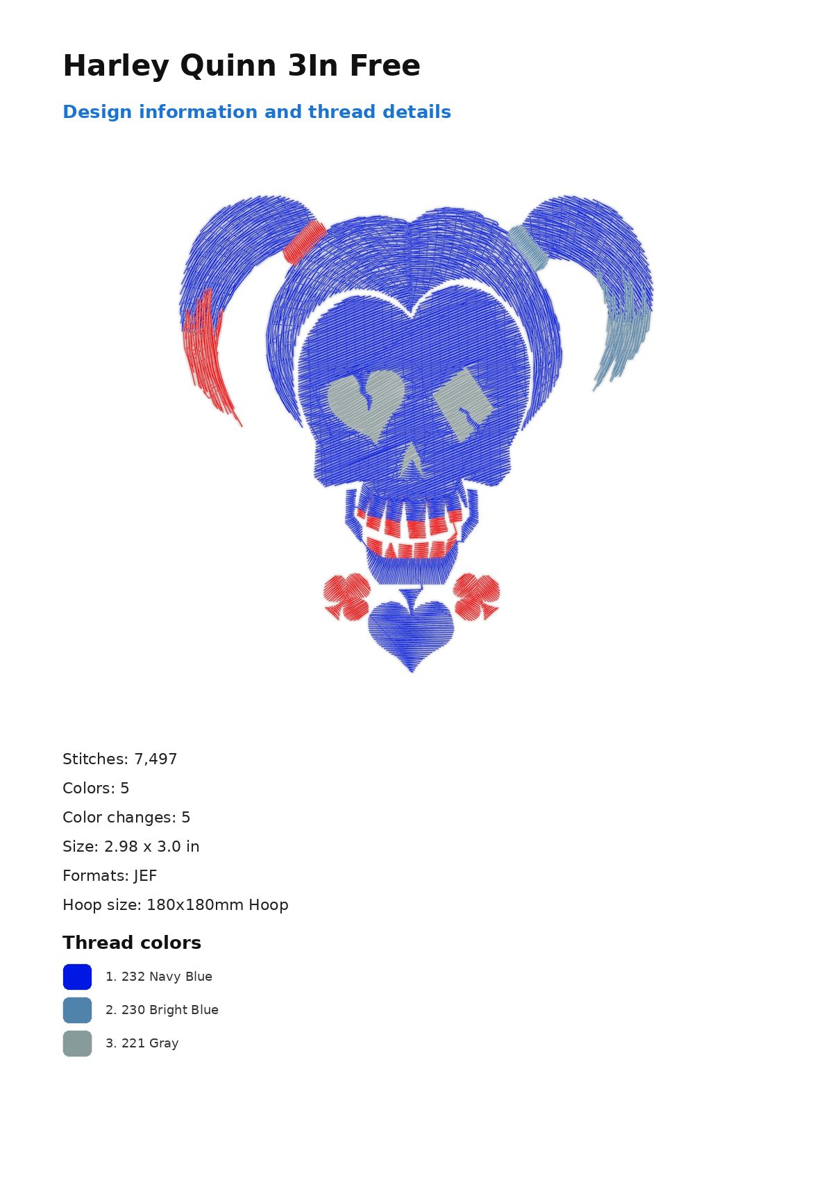 Harley Quinn 3In Free free machine embroidery design — 2.98×3.0 in — 7,497 stitches — 5 colors — DST, EXP, JEF, PEC, PES