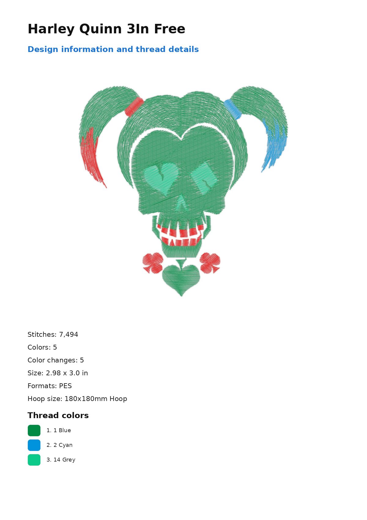 Harley Quinn 3In Free free machine embroidery design — 2.98×3.0 in — 7,494 stitches — 5 colors — DST, EXP, JEF, PEC, PES