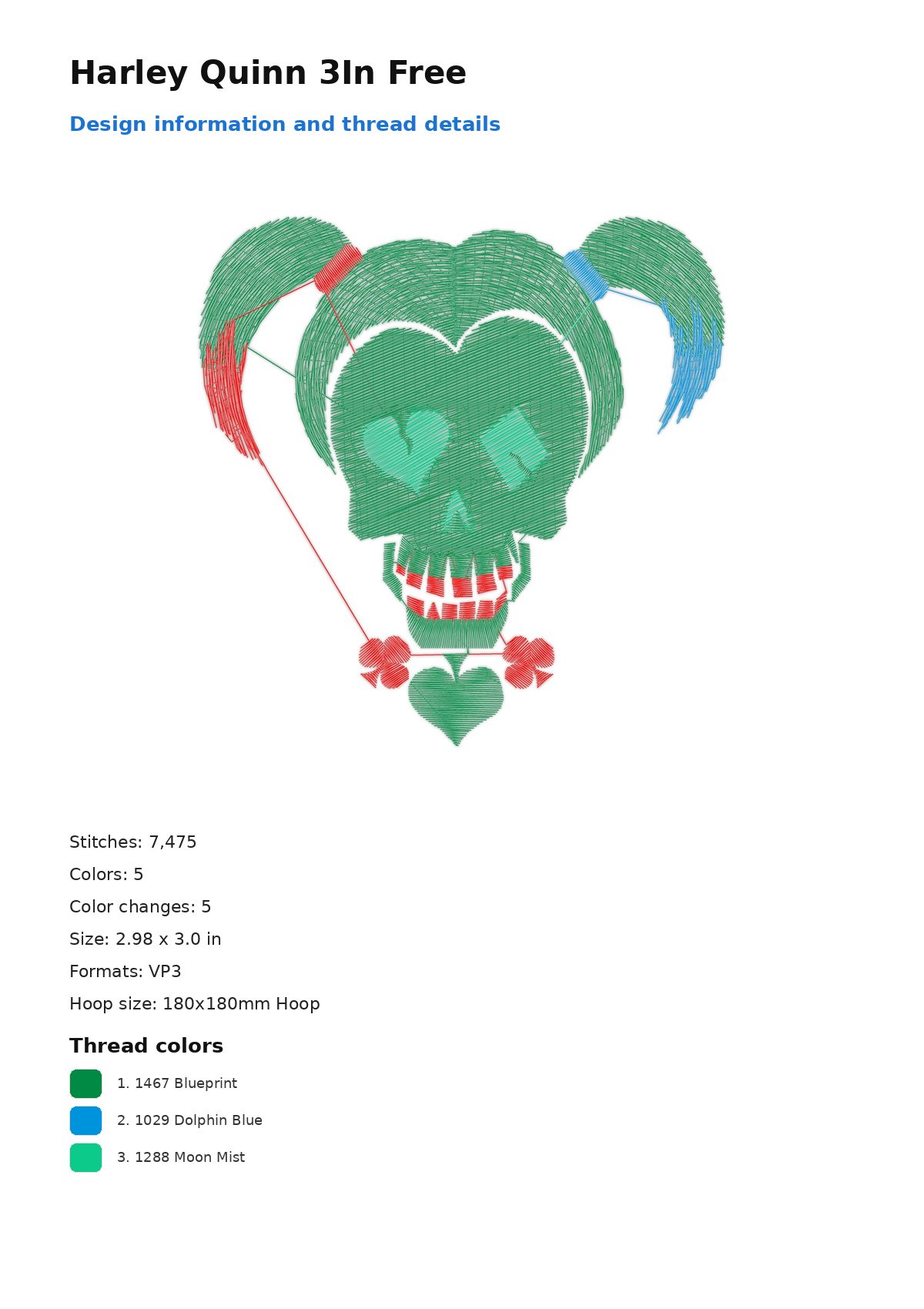 Harley Quinn 3In Free free machine embroidery design — 2.98×3.0 in — 7,475 stitches — 5 colors — DST, EXP, JEF, PEC, PES