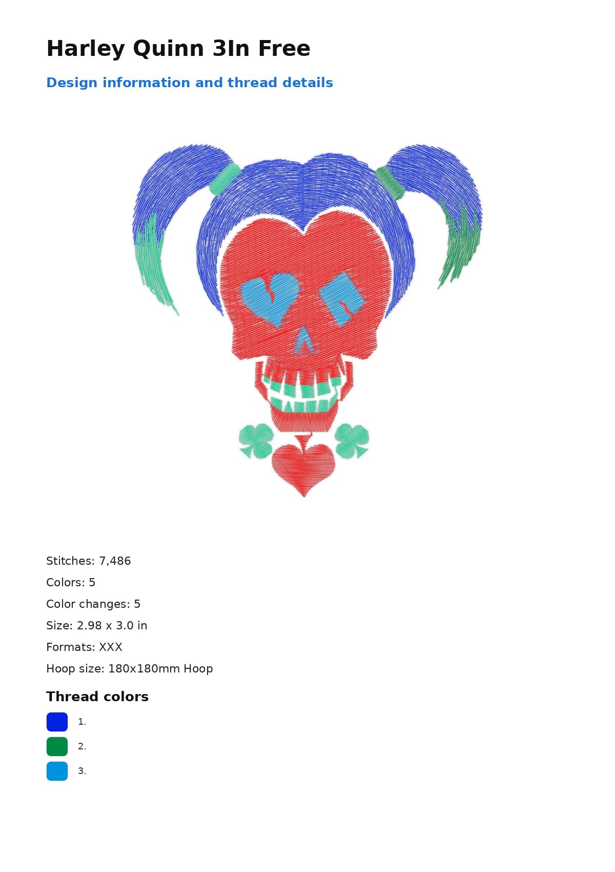 Harley Quinn 3In Free free machine embroidery design — 2.98×3.0 in — 7,486 stitches — 5 colors — DST, EXP, JEF, PEC, PES