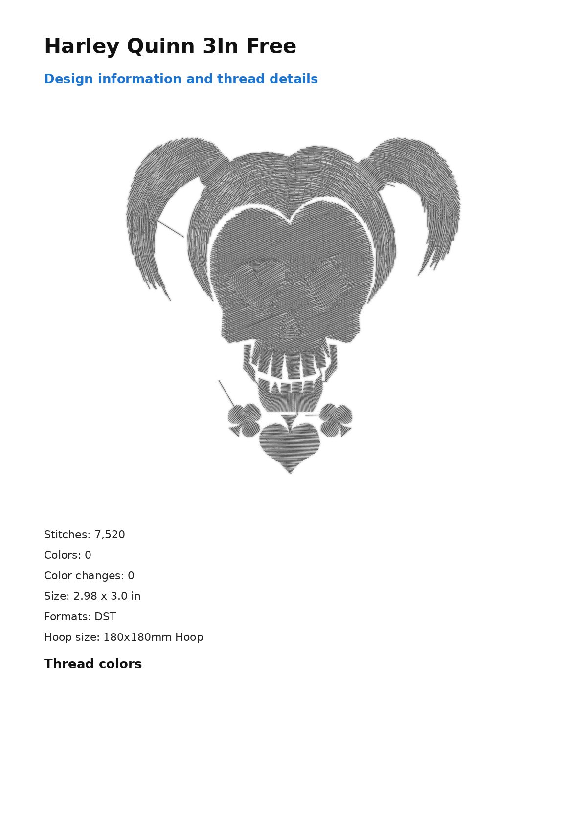 Harley Quinn 3In Free free machine embroidery design — 2.98×3.0 in — 7,520 stitches — 0 colors — DST, EXP, JEF, PEC, PES