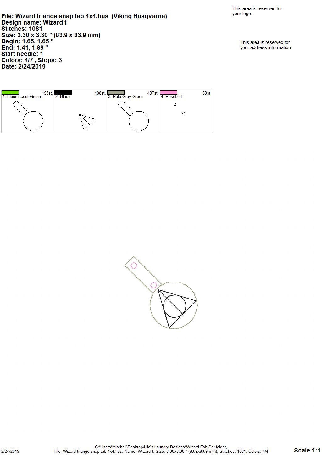 Wizard Triange Snap Tab 4X Free free machine embroidery design — 3.3×3.3 in — 1,076 stitches — 4 colors — DST, EXP, HUS, JEF, PEC