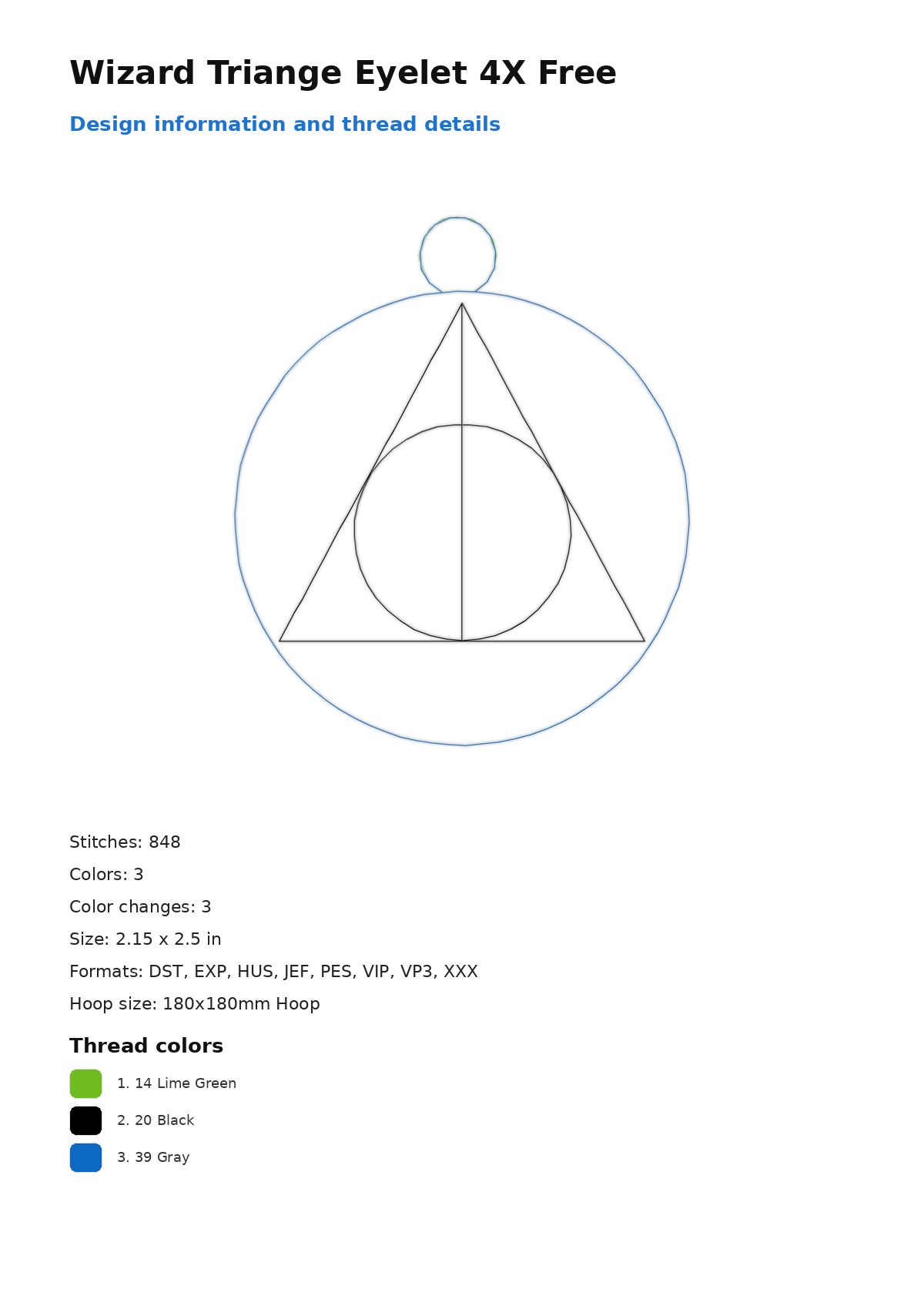 Wizard Triange Eyelet 4X Free free machine embroidery design — 2.15×2.5 in — 848 stitches — 3 colors — DST, EXP, HUS, JEF, PEC