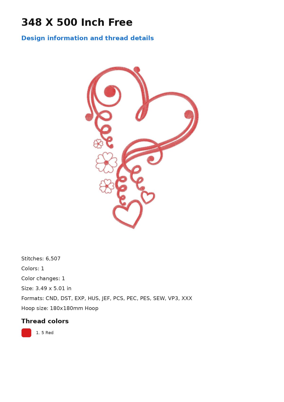 348 X 500 Inch Free free machine embroidery design — 3.49×5.01 in — 6,507 stitches — 1 colors — CND, DST, EXP, HUS, JEF
