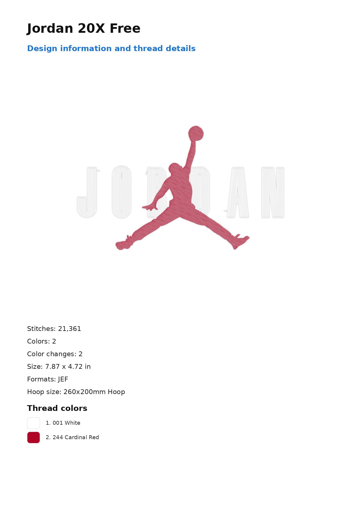 Jordan 20X Free free machine embroidery design — 7.87×4.72 in — 21,361 stitches — 2 colors — DST, EXP, JEF, PEC, PES
