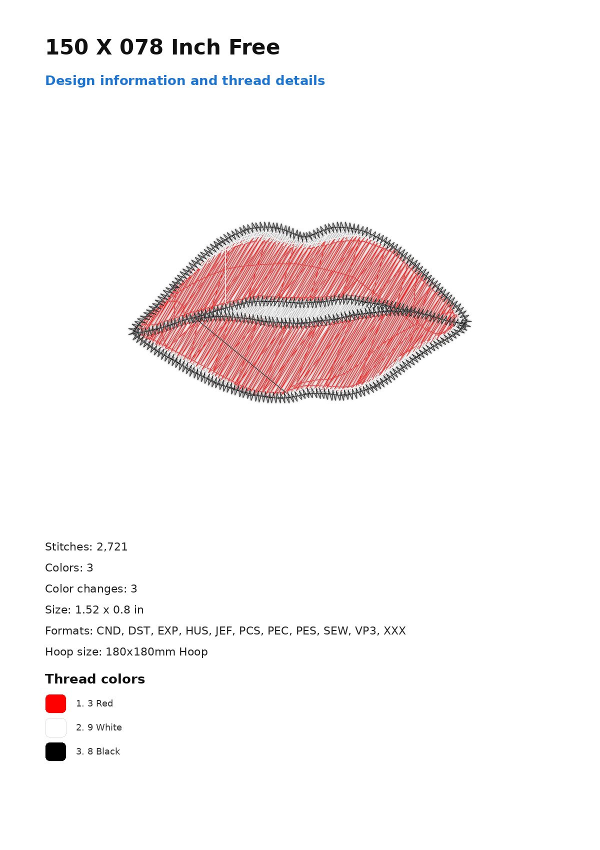 150 X 078 Inch Free free machine embroidery design — 1.52×0.8 in — 2,721 stitches — 3 colors — CND, DST, EXP, HUS, JEF