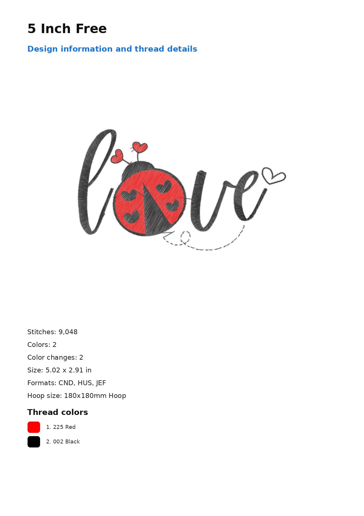 5 Inch Free free machine embroidery design — 5.02×2.91 in — 9,048 stitches — 2 colors — CND, DST, EXP, HUS, JEF