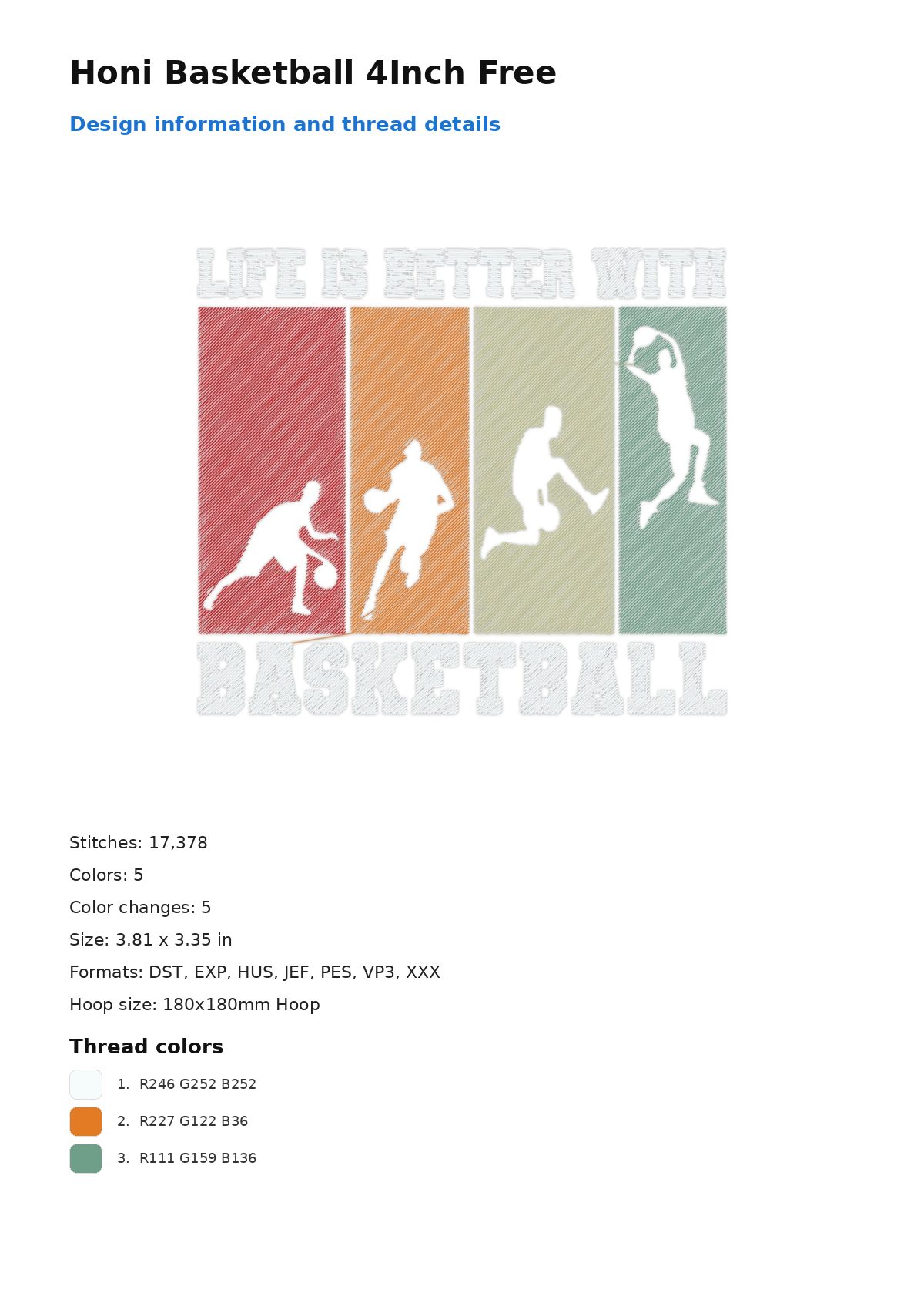 Honi Basketball 4Inch Free free machine embroidery design — 3.81×3.35 in — 17,378 stitches — 5 colors — DST, EXP, HUS, JEF, PEC