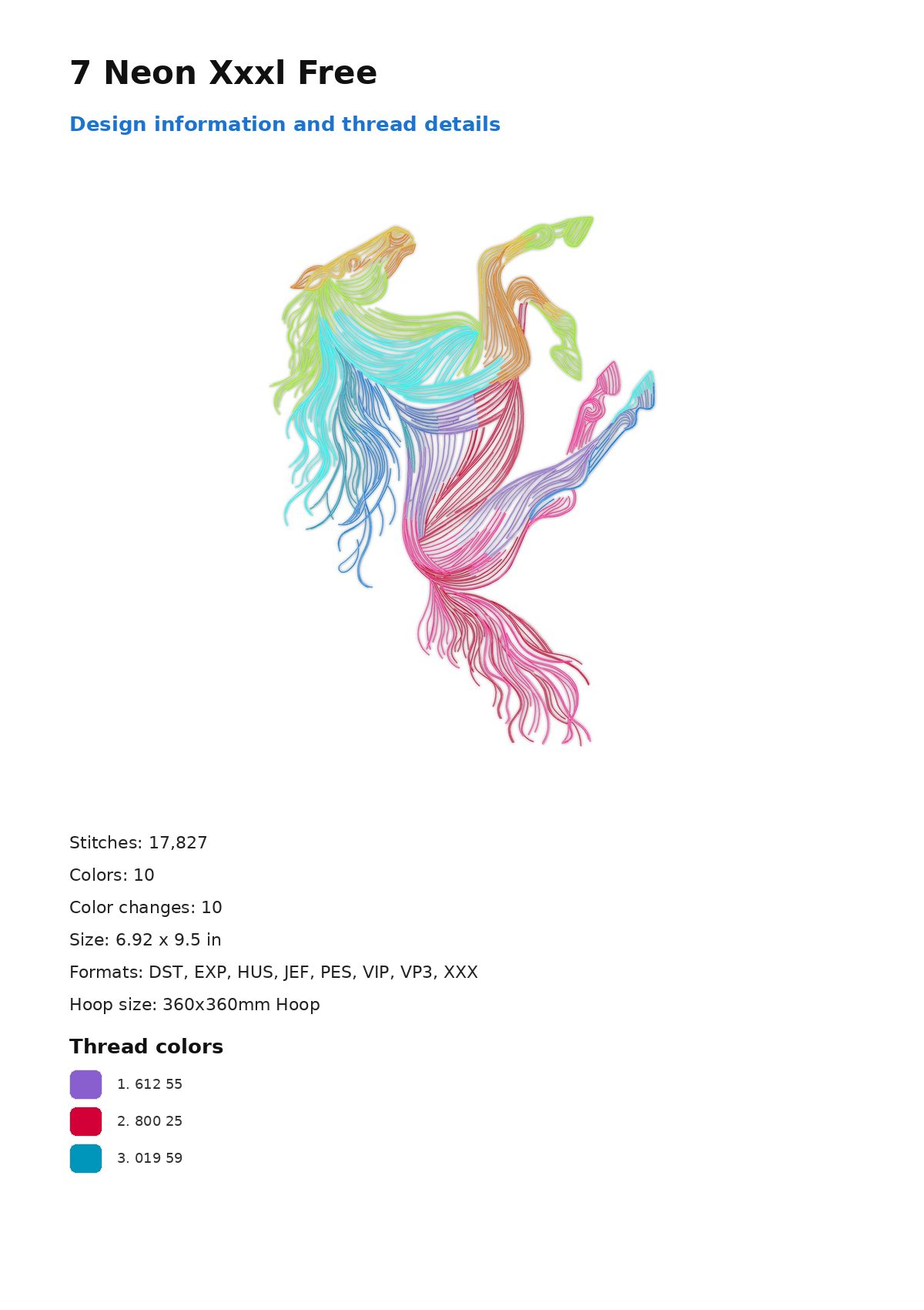 7 Neon Xxxl Free free machine embroidery design — 6.92×9.5 in — 17,827 stitches — 10 colors — DST, EXP, HUS, JEF, PEC