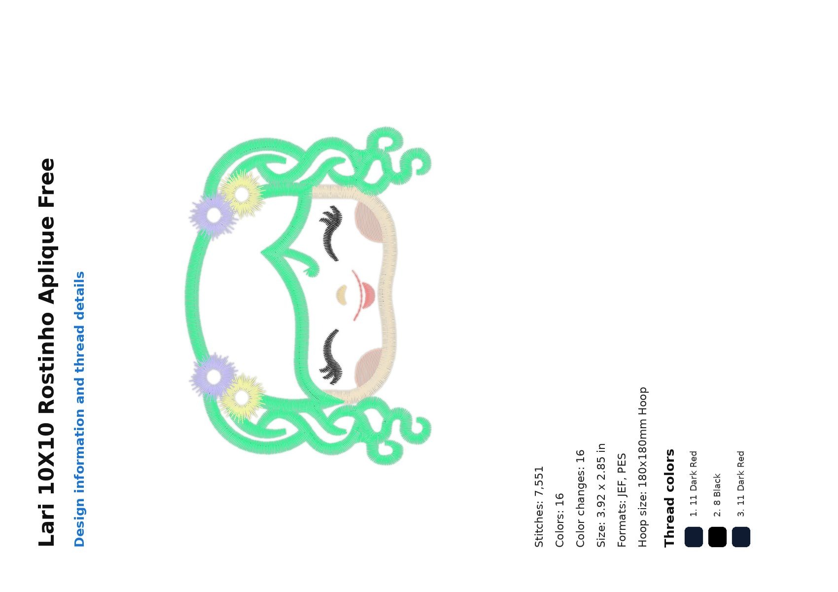 Lari 10X10 Rostinho Aplique Free free machine embroidery design — 3.92×2.85 in — 7,551 stitches — 16 colors — DST, EXP, JEF, PEC, PES