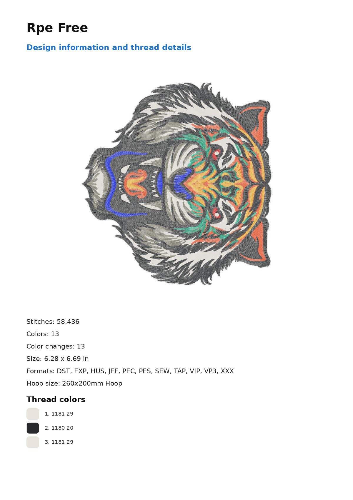 Rpe Free free machine embroidery design — 6.28×6.69 in — 58,436 stitches — 13 colors — DST, EXP, HUS, JEF, PEC