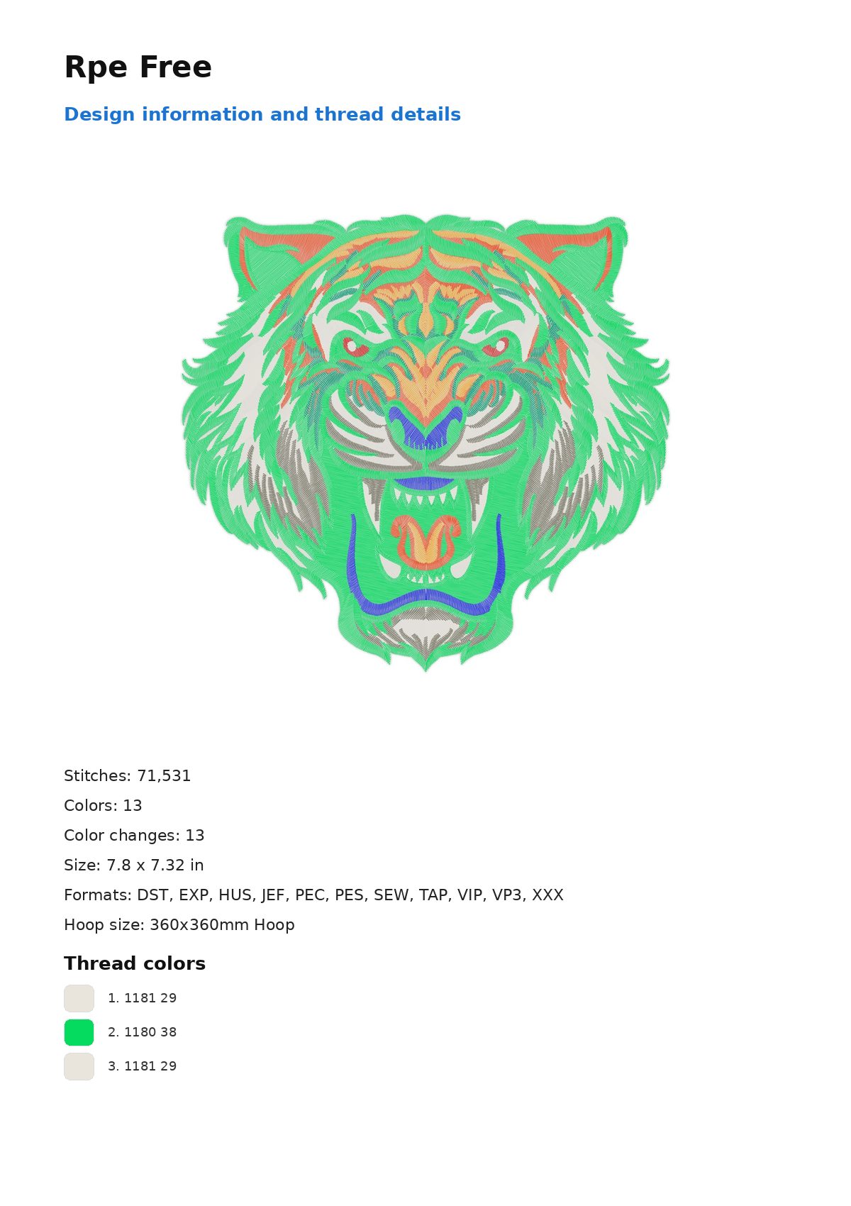Rpe Free free machine embroidery design — 7.8×7.32 in — 71,531 stitches — 13 colors — DST, EXP, HUS, JEF, PEC