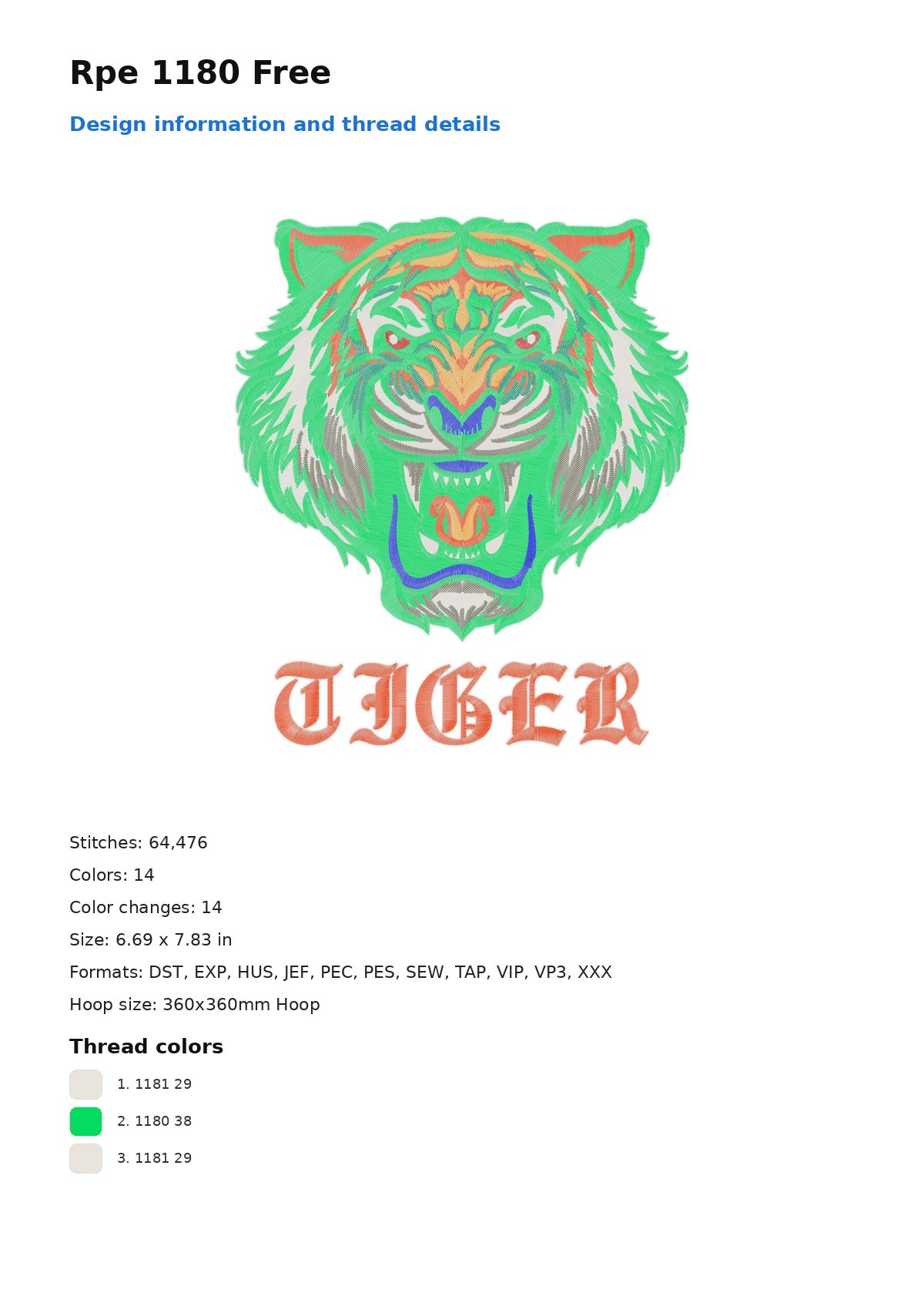 Rpe 1180 Free free machine embroidery design — 6.69×7.83 in — 64,476 stitches — 14 colors — DST, EXP, HUS, JEF, PEC