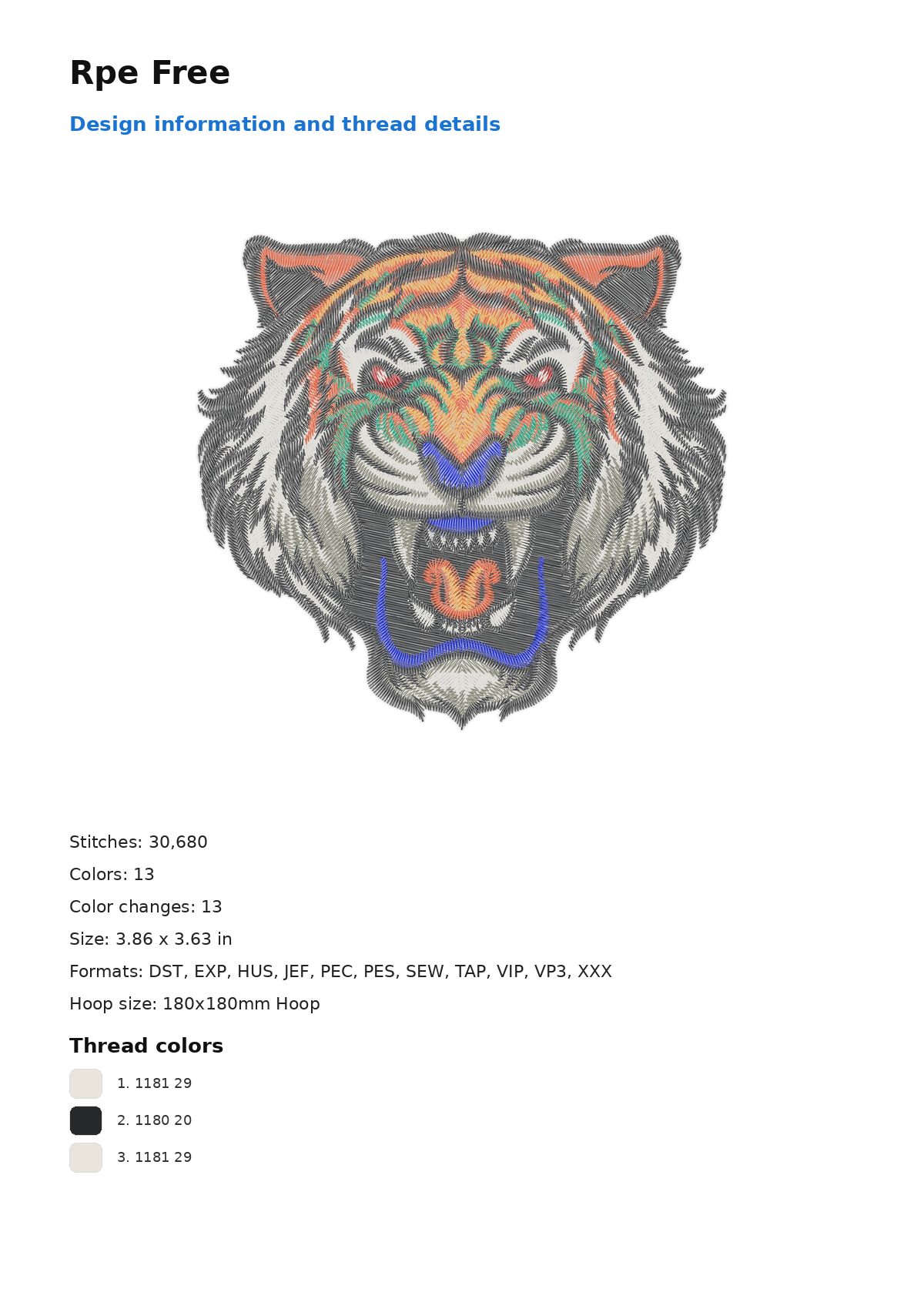 Rpe Free free machine embroidery design — 3.86×3.63 in — 30,680 stitches — 13 colors — DST, EXP, HUS, JEF, PEC