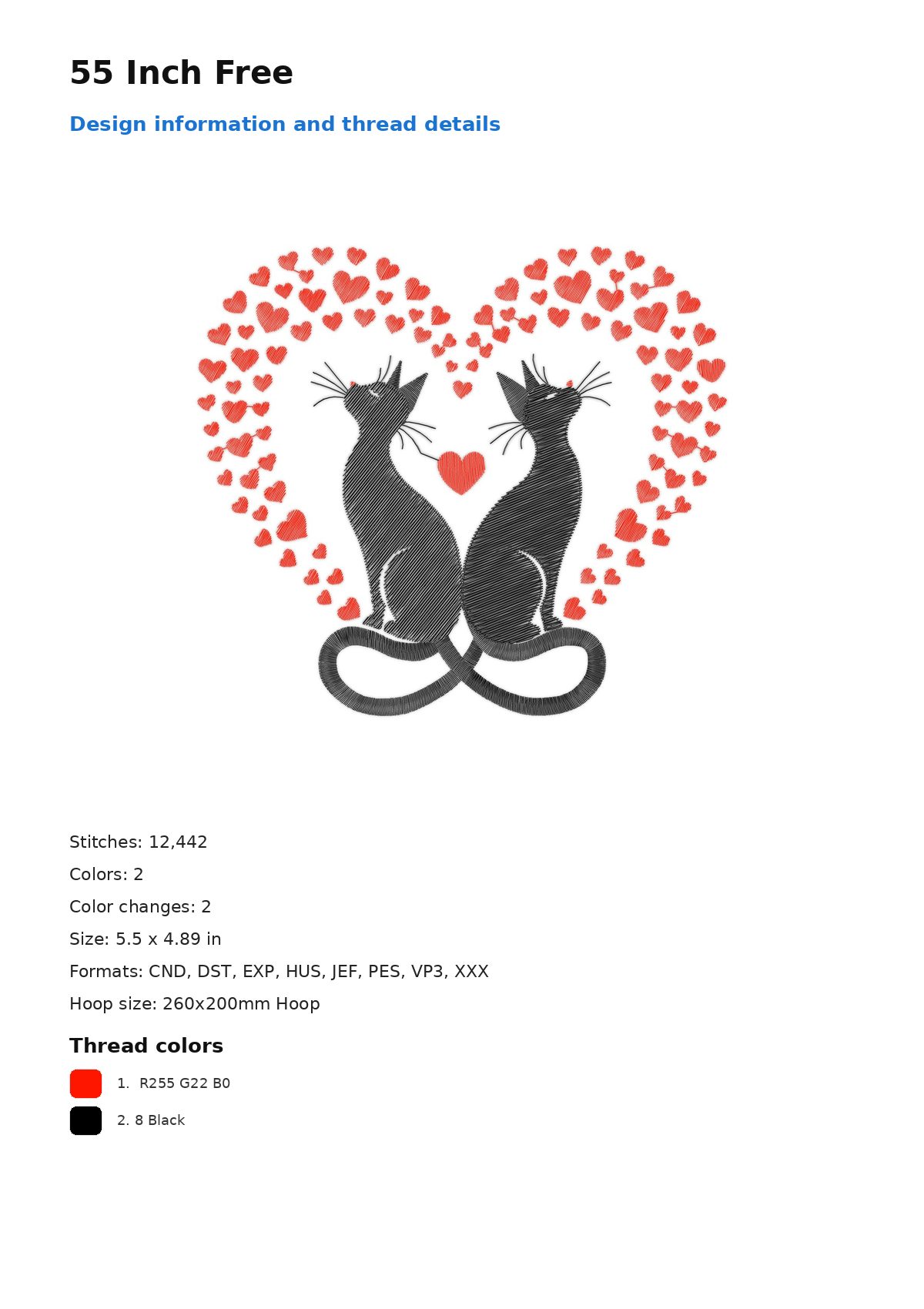 55 Inch Free free machine embroidery design — 5.5×4.89 in — 12,442 stitches — 2 colors — CND, DST, EXP, HUS, JEF