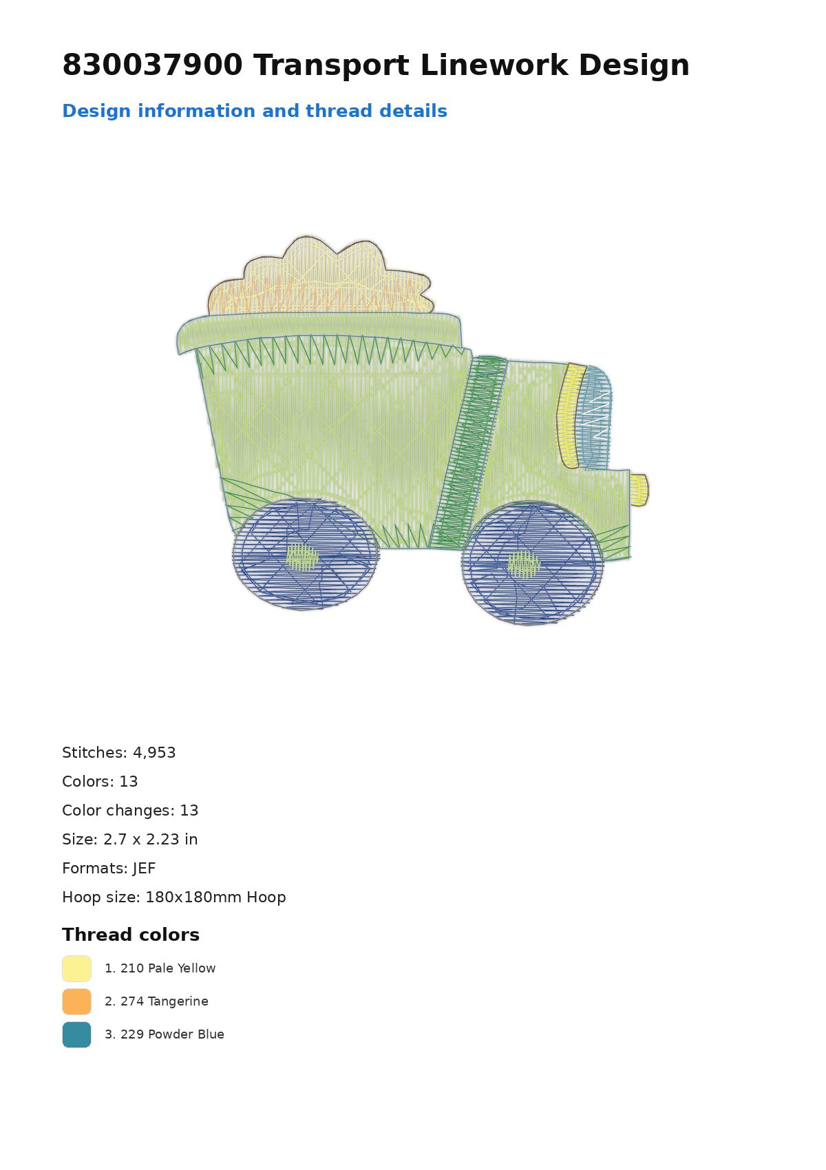 830037900 Transport Linework Design free machine embroidery design — 2.7×2.23 in — 4,953 stitches — 13 colors — DST, EXP, JEF, PEC, PES