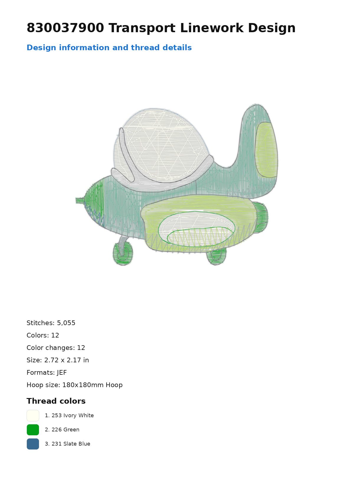 830037900 Transport Linework Design free machine embroidery design — 2.72×2.17 in — 5,055 stitches — 12 colors — DST, EXP, JEF, PEC, PES