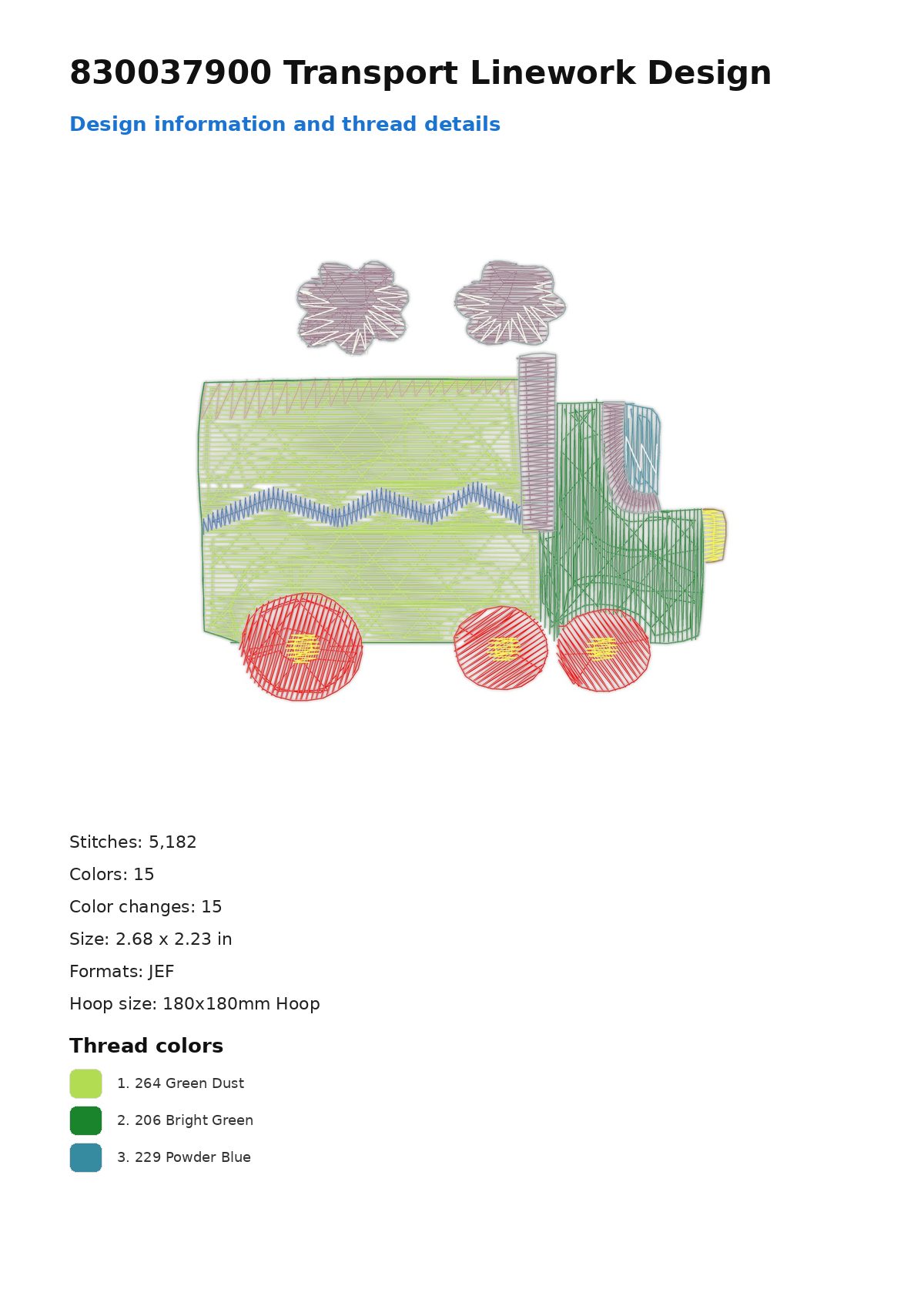 830037900 Transport Linework Design free machine embroidery design — 2.68×2.23 in — 5,182 stitches — 15 colors — DST, EXP, JEF, PEC, PES