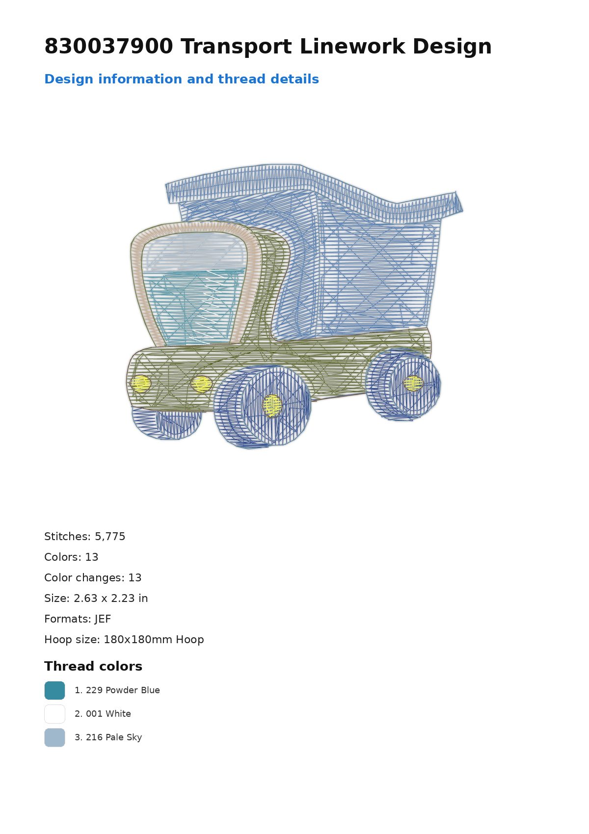 830037900 Transport Linework Design free machine embroidery design — 2.63×2.23 in — 5,775 stitches — 13 colors — DST, EXP, JEF, PEC, PES
