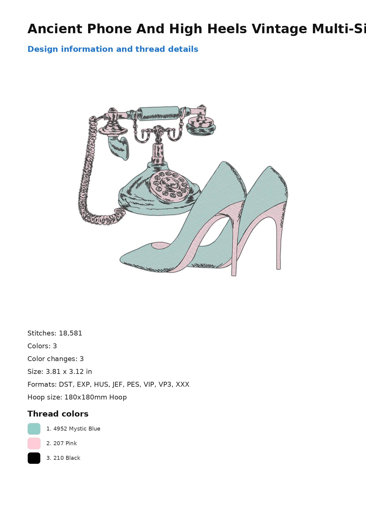 Ancient Phone And High Heels Vintage Multi-Size free machine embroidery design — 3.81×3.12 in — 18,581 stitches — 3 colors — DST, EXP, HUS, JEF, PES