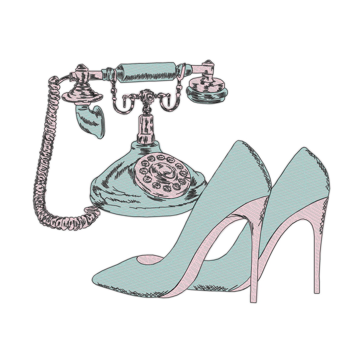 Ancient Phone And High Heels Vintage Multi-Size free machine embroidery design — 3.81×3.12 in — 18,581 stitches — 3 colors — DST, EXP, HUS, JEF, PES
