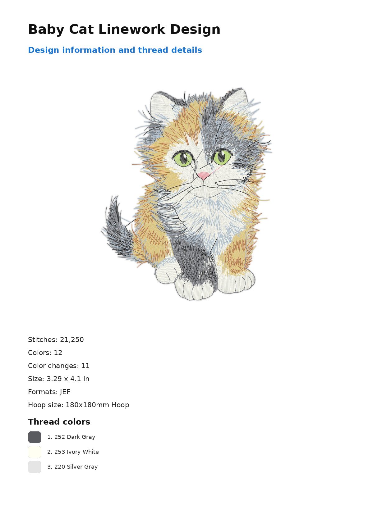 Baby Cat Linework Design free machine embroidery design — 3.29×4.1 in — 21,250 stitches — 12 colors — DST, EXP, JEF, PEC, PES