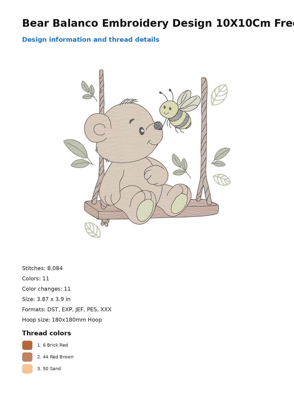 Bear Balanco Embroidery Design 10X10Cm Free free machine embroidery design — 3.87×3.9 in — 8,084 stitches — 11 colors — DST, EXP, JEF, PES, XXX