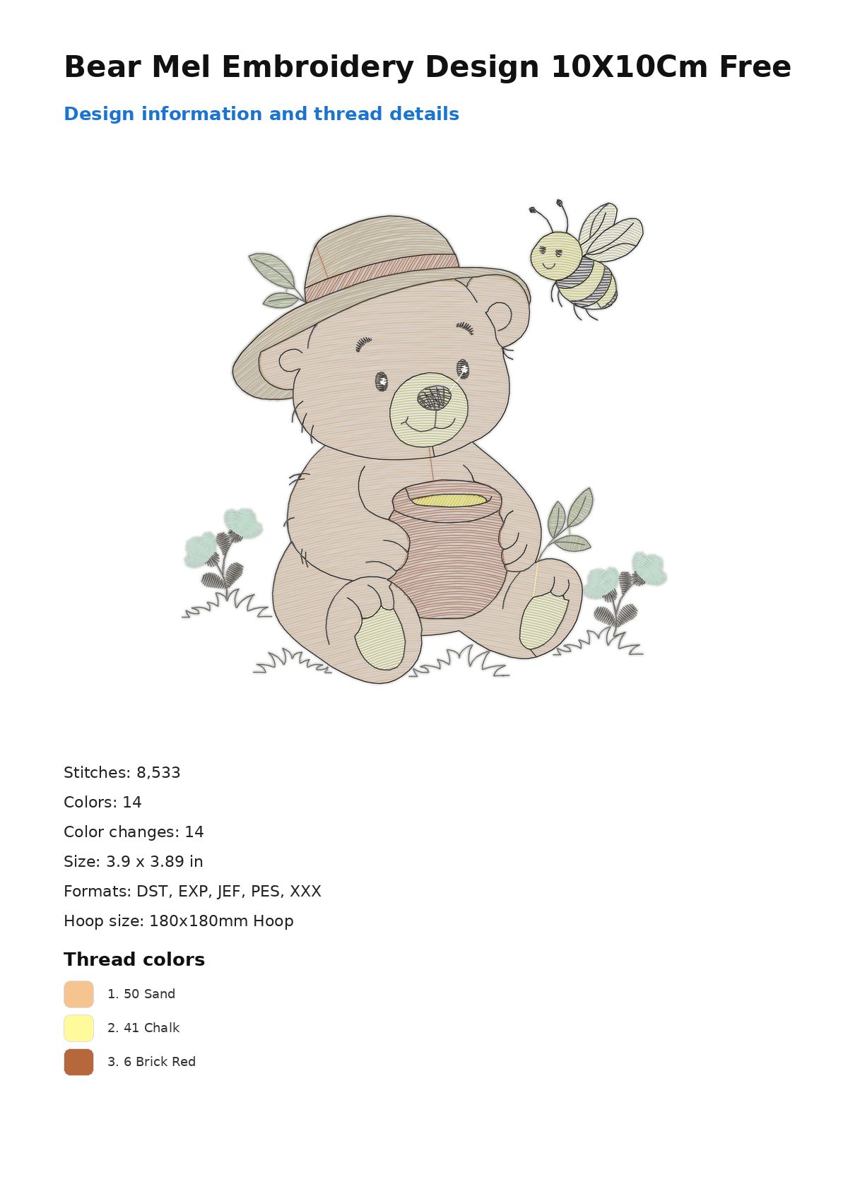 Bear Mel Embroidery Design 10X10Cm Free free machine embroidery design — 3.9×3.89 in — 8,533 stitches — 14 colors — DST, EXP, JEF, PES, XXX