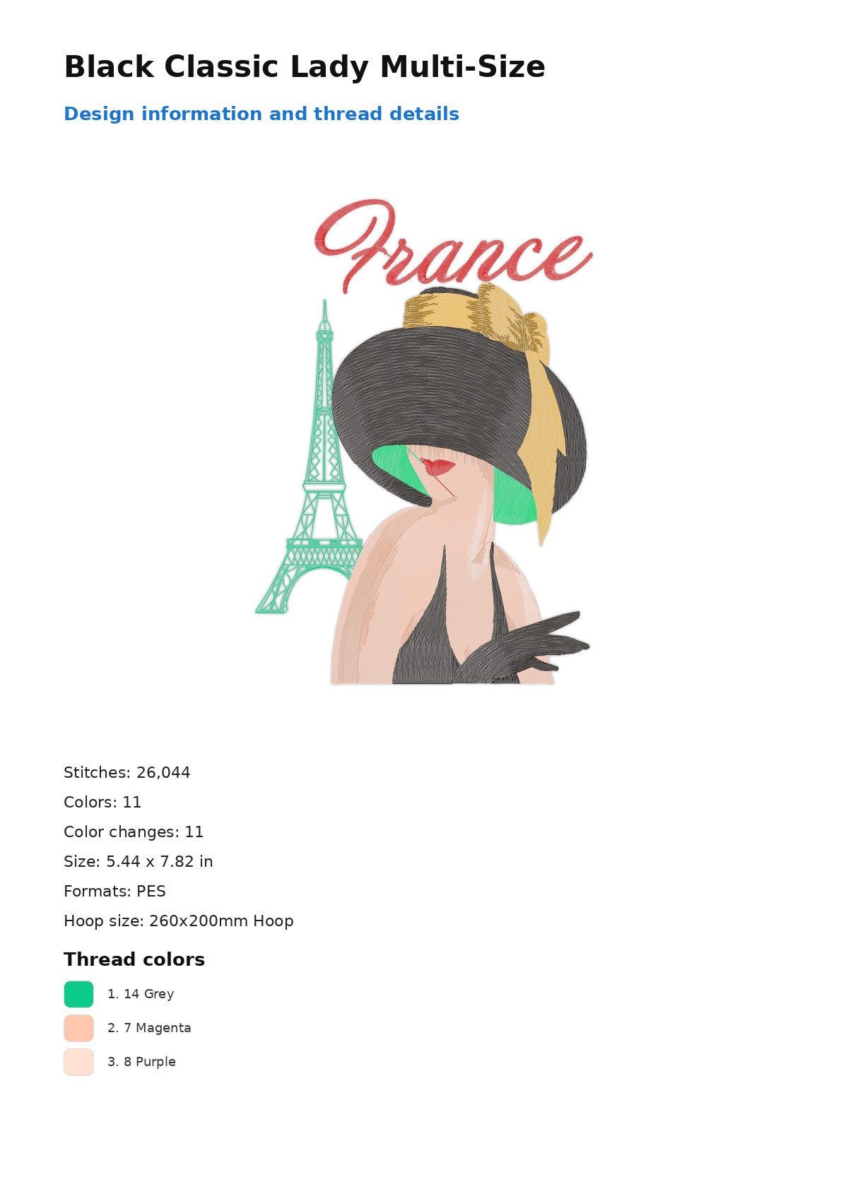 Black Classic Lady Multi-Size free machine embroidery design — 5.44×7.82 in — 26,044 stitches — 11 colors — DST, EXP, JEF, PEC, PES