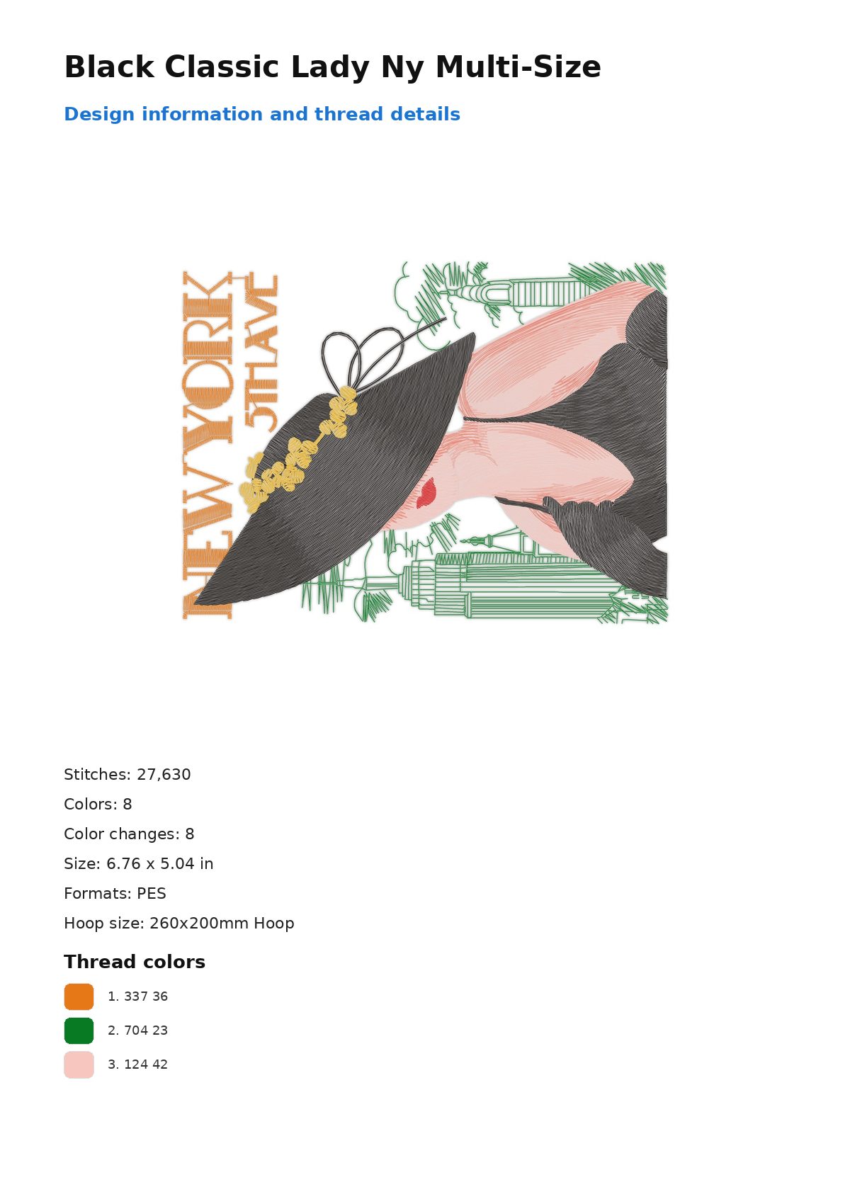 Black Classic Lady Ny Multi-Size free machine embroidery design — 6.76×5.04 in — 27,630 stitches — 8 colors — DST, EXP, JEF, PEC, PES