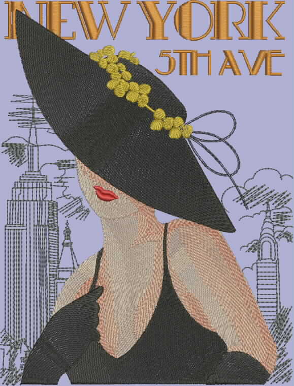 Black Classic Lady Ny Multi-Size free machine embroidery design — 6.76×5.04 in — 27,630 stitches — 8 colors — DST, EXP, JEF, PEC, PES