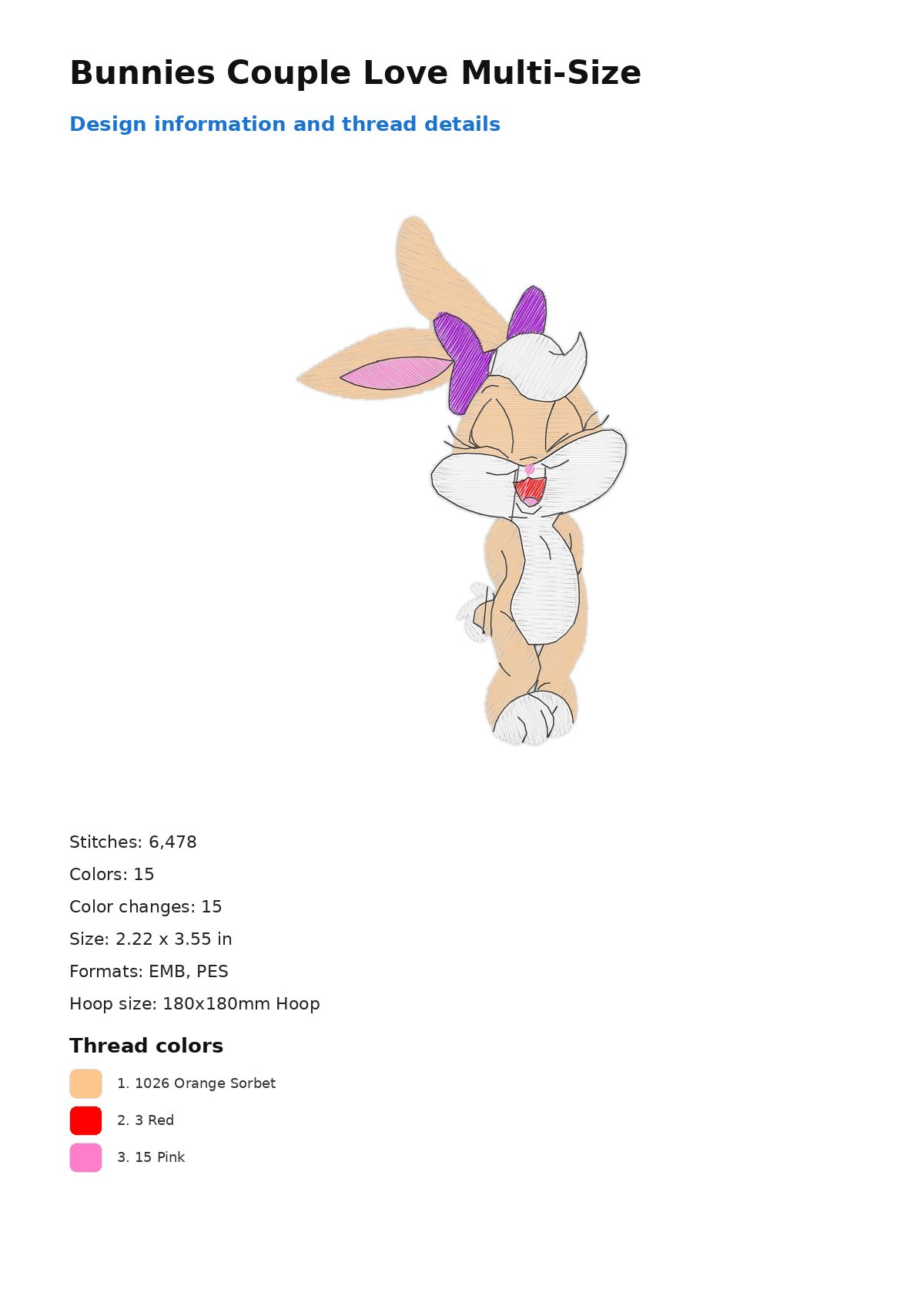 Bunnies Couple Love Multi-Size free machine embroidery design — 2.22×3.55 in — 6,478 stitches — 15 colors — DST, EMB, EXP, JEF, PEC