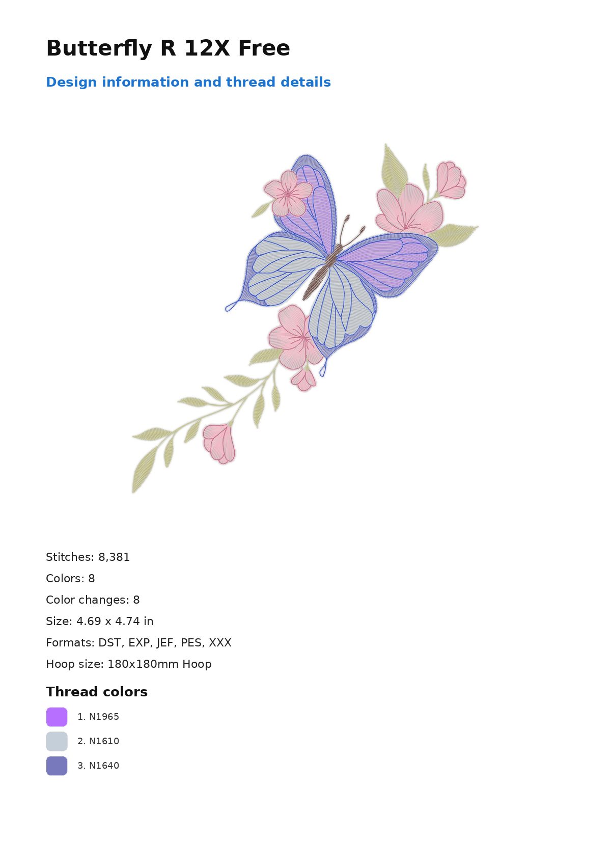Butterfly R 12X Free free machine embroidery design — 4.69×4.74 in — 8,381 stitches — 8 colors — DST, EXP, JEF, PES, XXX