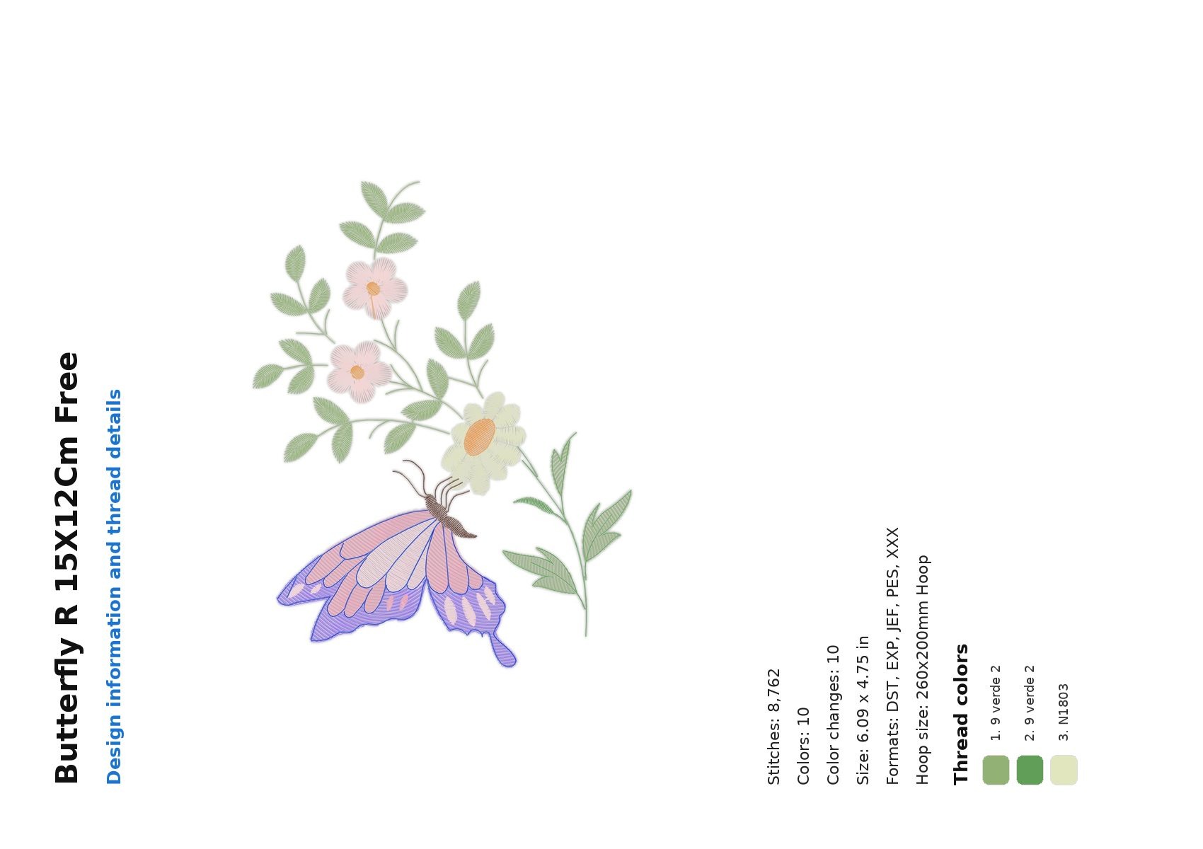 Butterfly R 15X12Cm Free free machine embroidery design — 6.09×4.75 in — 8,762 stitches — 10 colors — DST, EXP, JEF, PES, XXX