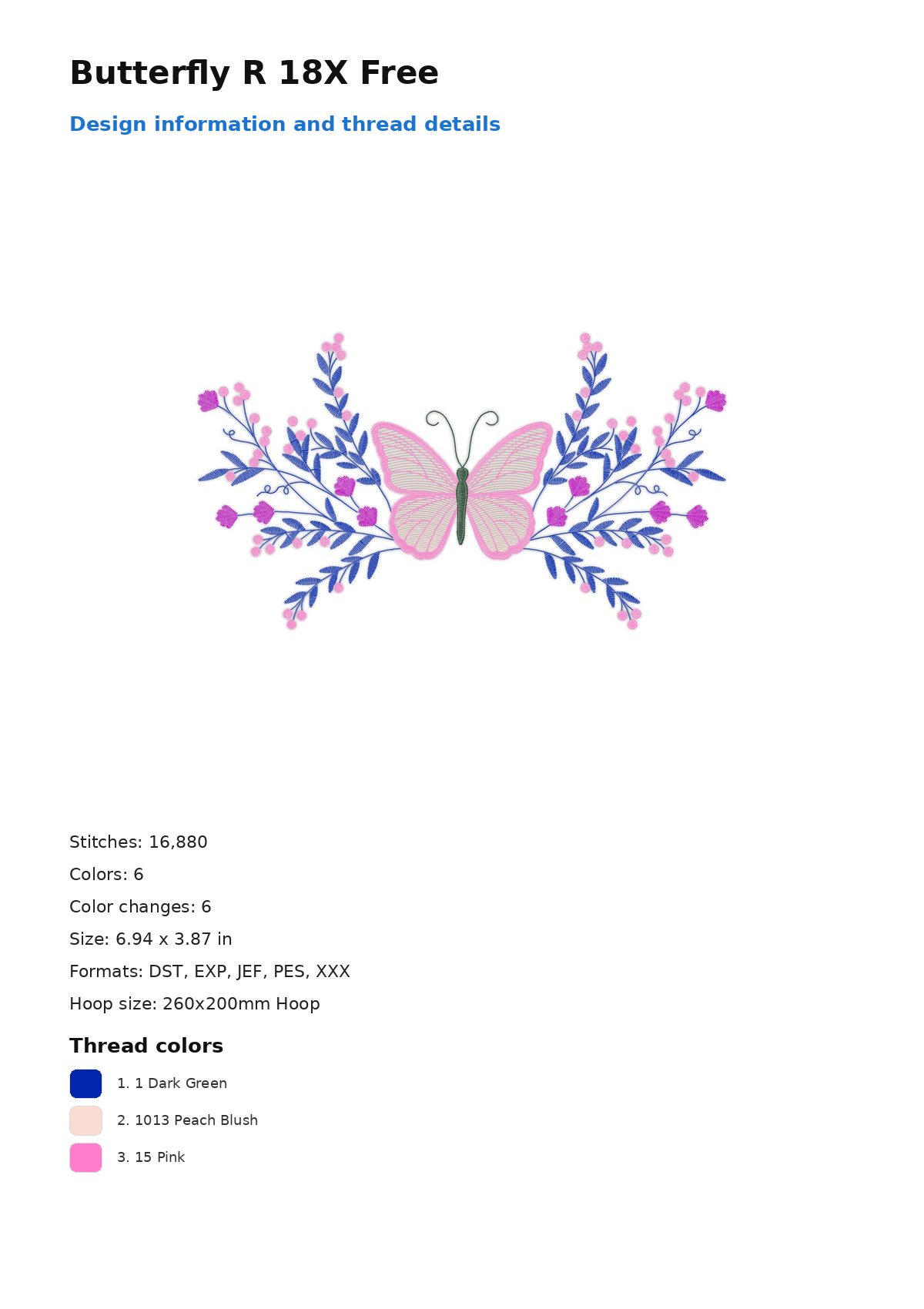 Butterfly R 18X Free free machine embroidery design — 6.94×3.87 in — 16,880 stitches — 6 colors — DST, EXP, JEF, PES, XXX