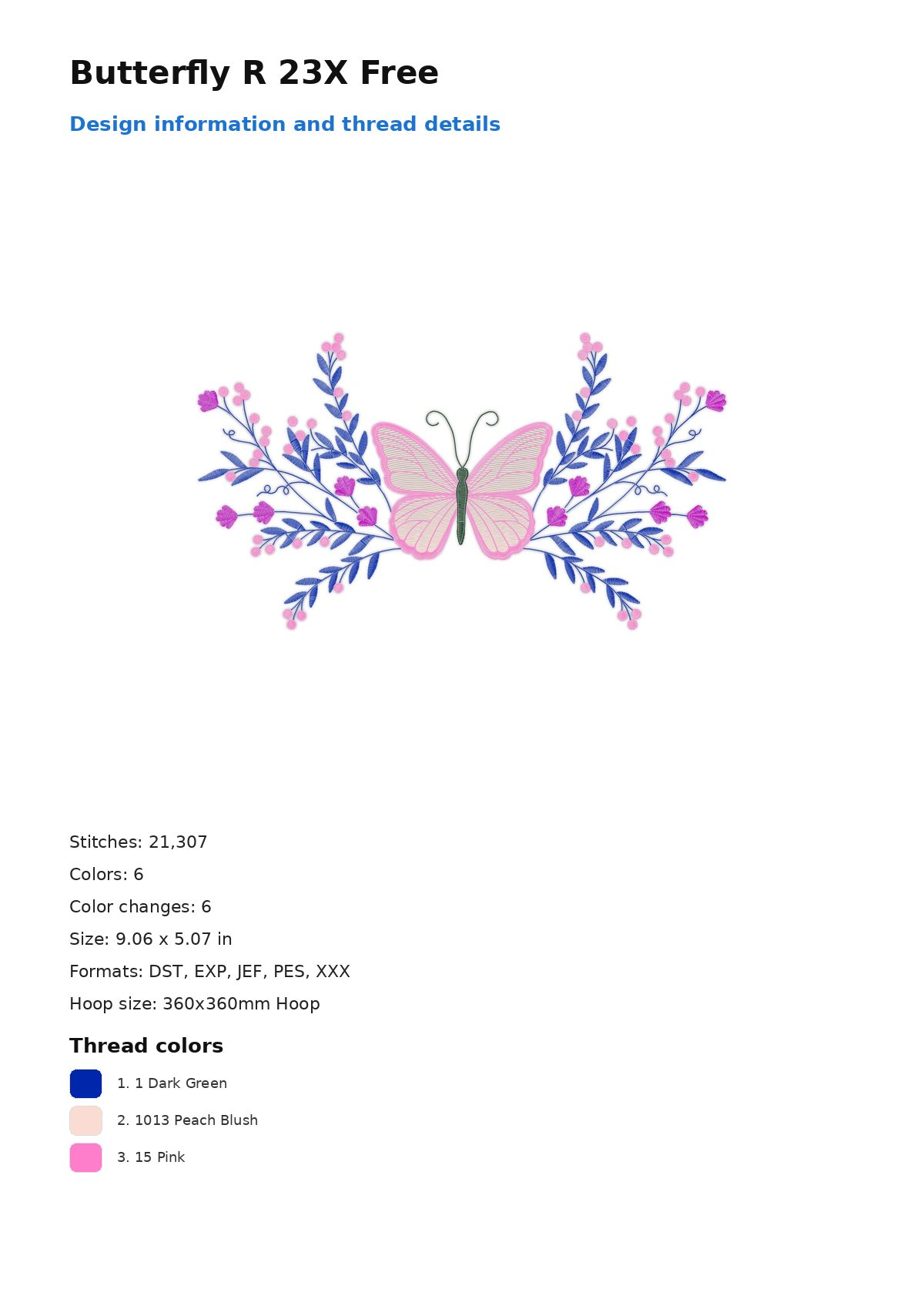 Butterfly R 23X Free free machine embroidery design — 9.06×5.07 in — 21,307 stitches — 6 colors — DST, EXP, JEF, PES, XXX