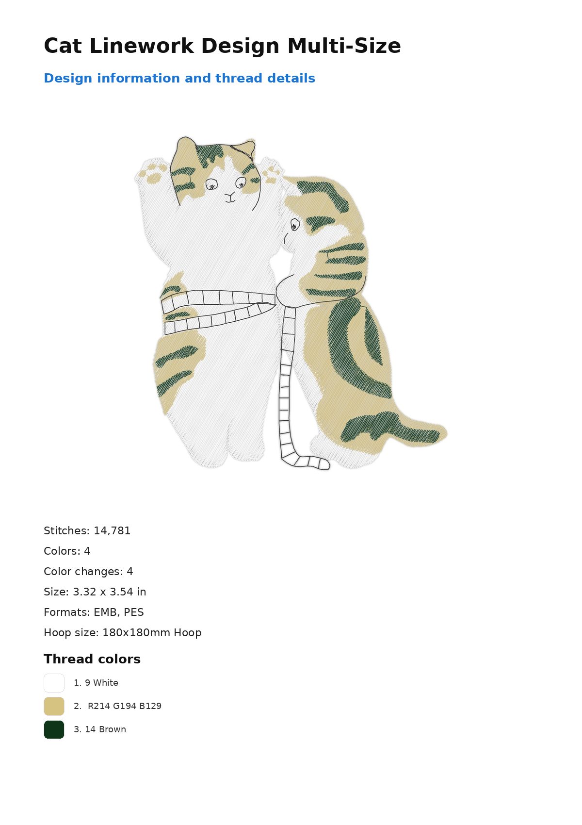 Cat Linework Design Multi-Size free machine embroidery design — 3.32×3.54 in — 14,781 stitches — 4 colors — DST, EMB, EXP, JEF, PEC