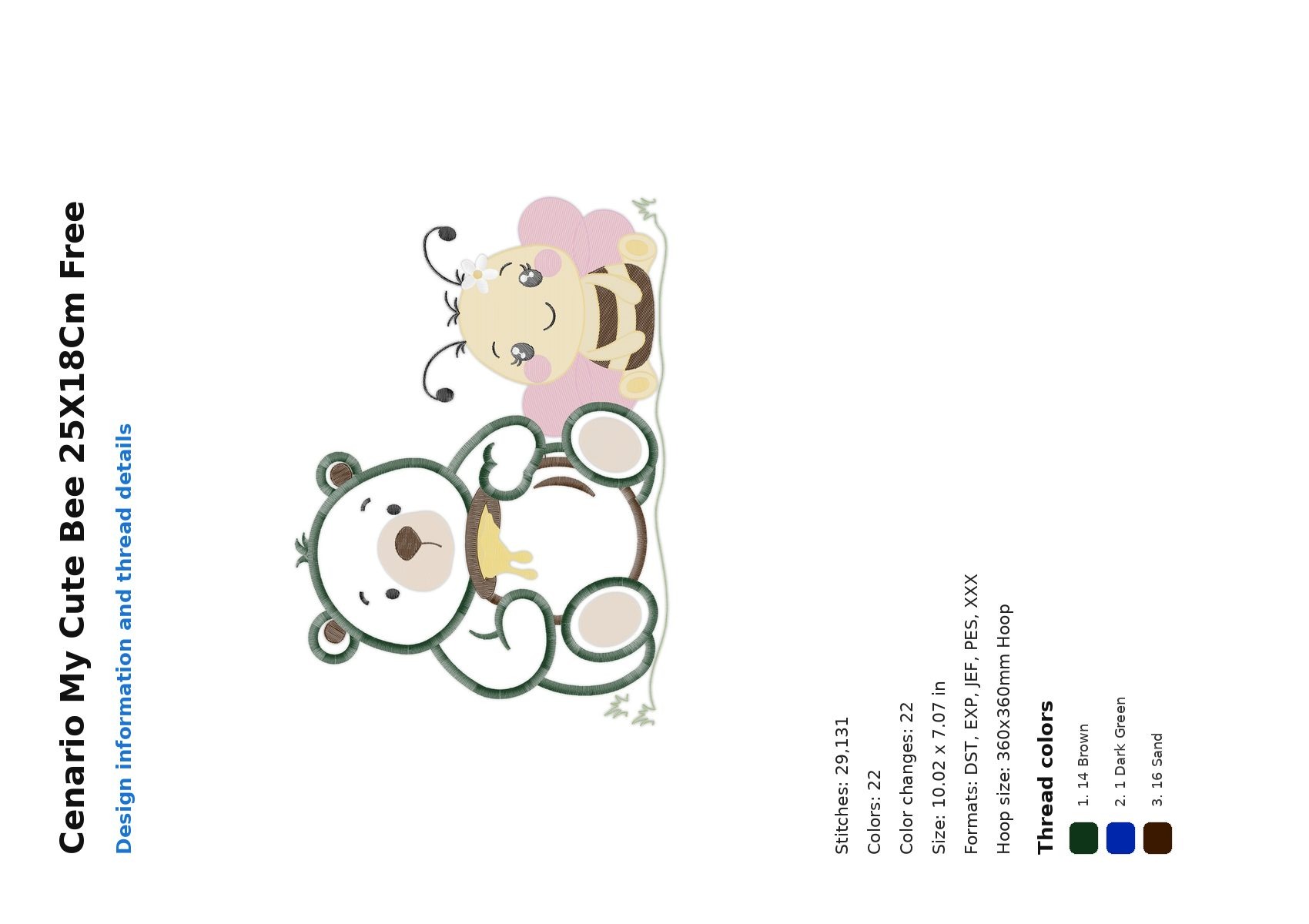 Cenario My Cute Bee 25X18Cm Free free machine embroidery design — 10.02×7.07 in — 29,131 stitches — 22 colors — DST, EXP, JEF, PES, XXX